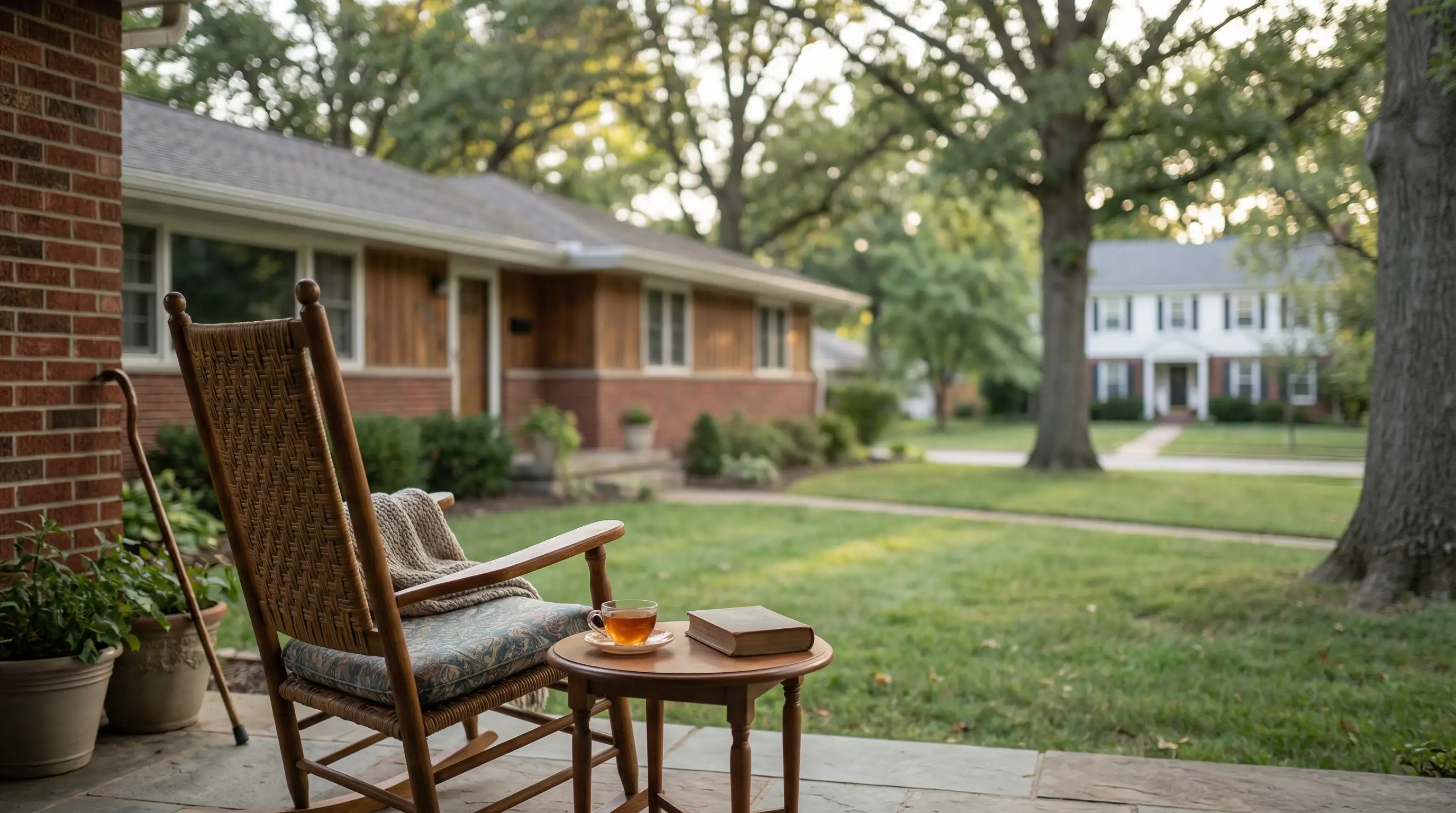 Caregiver in professional attire sitting with elderly Columbia, MO resident at kitchen table sharing coffee in warm afternoon light, conveying dignity and companionship