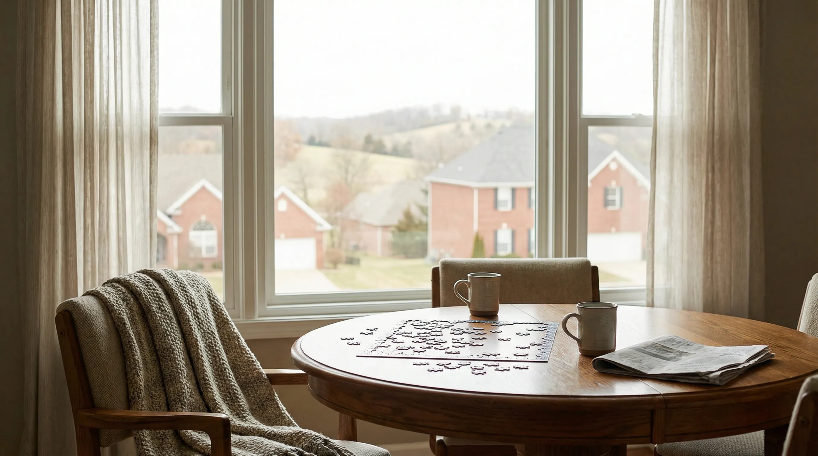 Caregiver in professional attire sitting with elderly Columbia, MO resident at kitchen table sharing coffee in warm afternoon light, conveying dignity and companionship