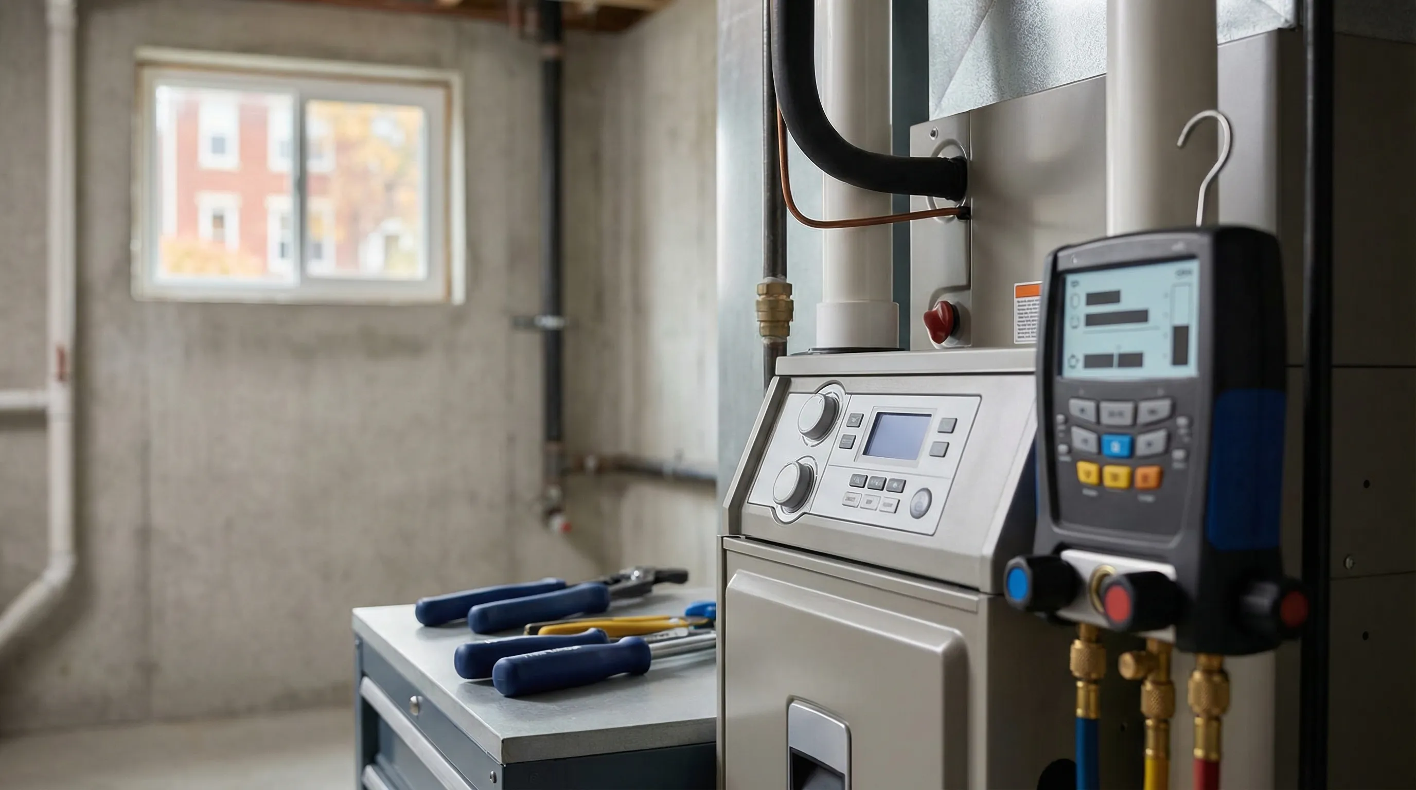 Professional HVAC technician servicing a furnace in an Ann Arbor, MI home basement