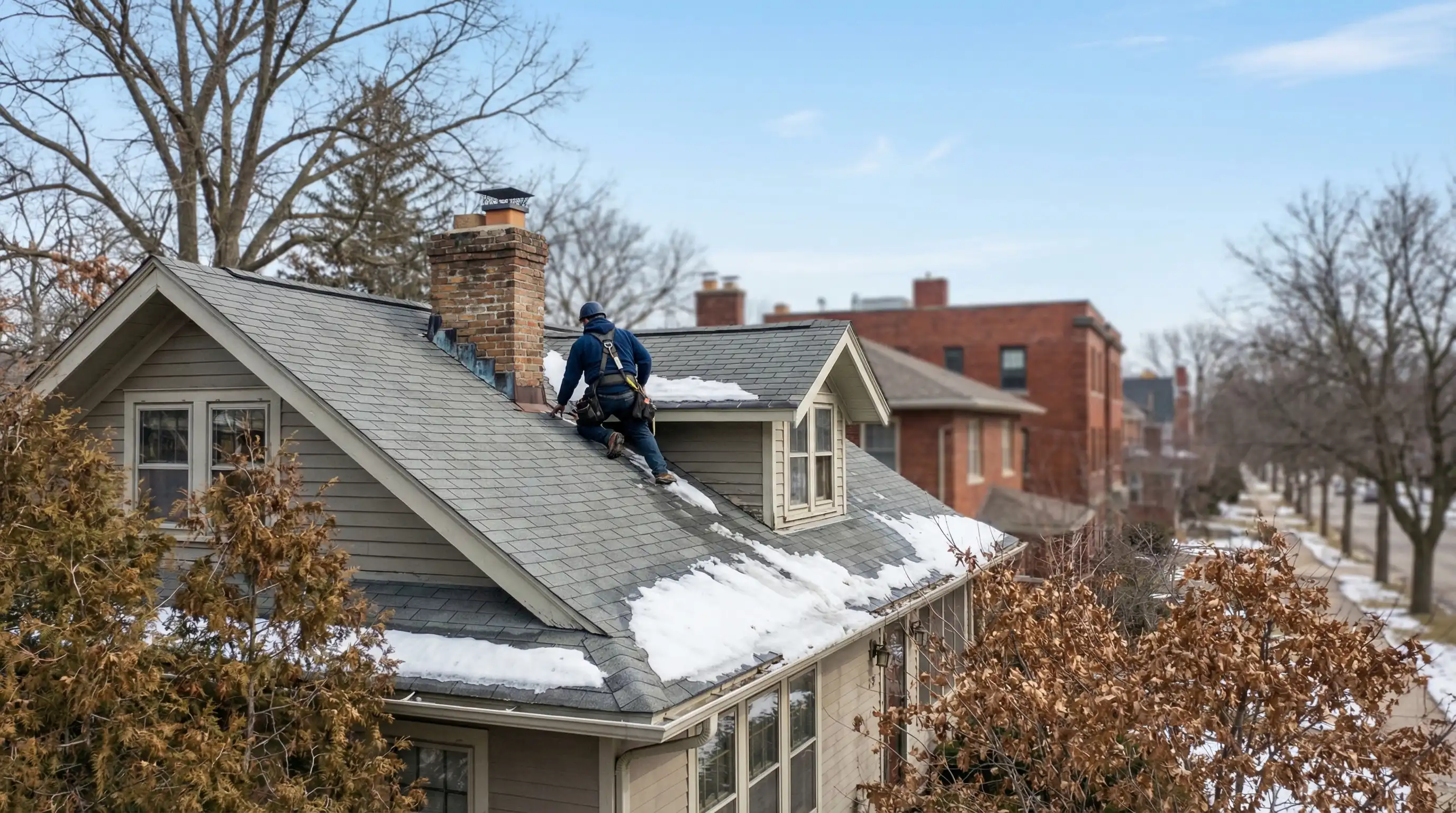Professional roofer inspecting an aging asphalt shingle roof on a residential home in Ann Arbor, MI