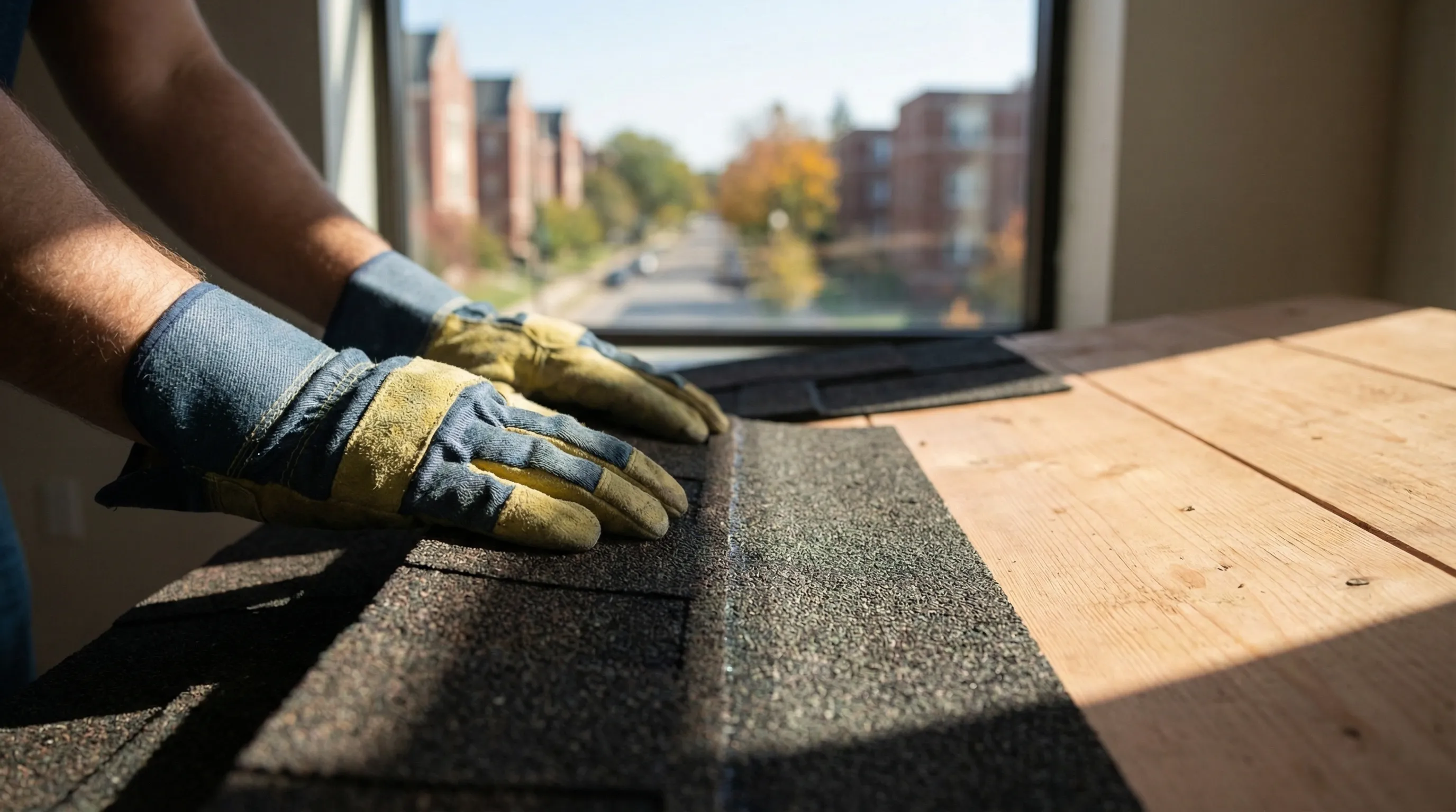 Professional roofer inspecting an aging asphalt shingle roof on a residential home in Ann Arbor, MI
