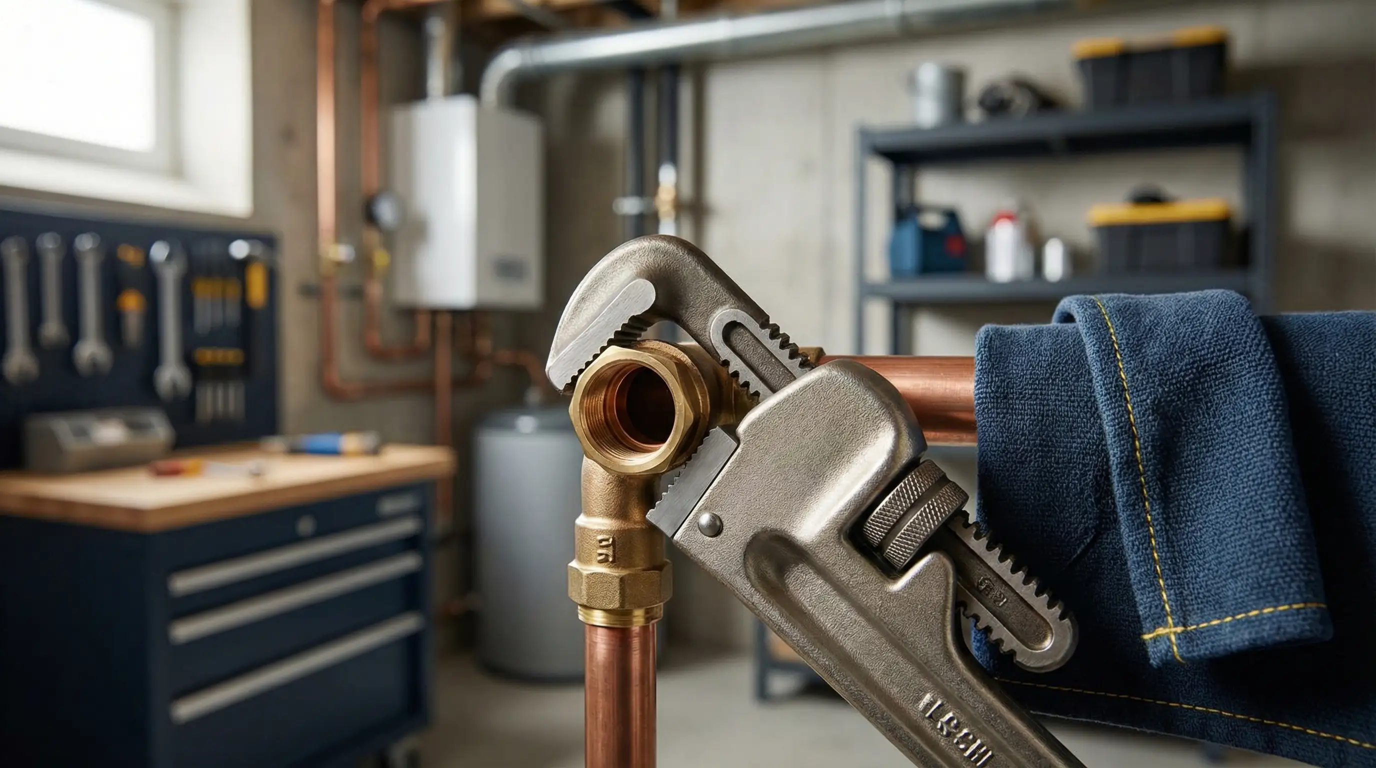 Licensed plumber installing copper pipe fittings in an older Ann Arbor, MI residential basement