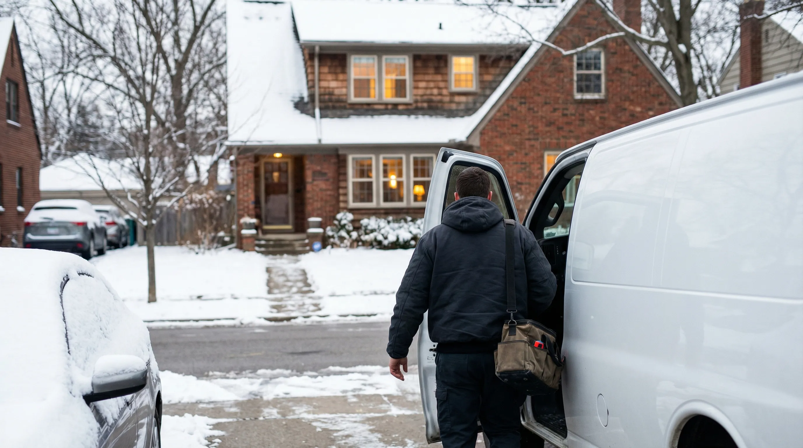 Licensed plumber installing copper pipe fittings in an older Ann Arbor, MI residential basement