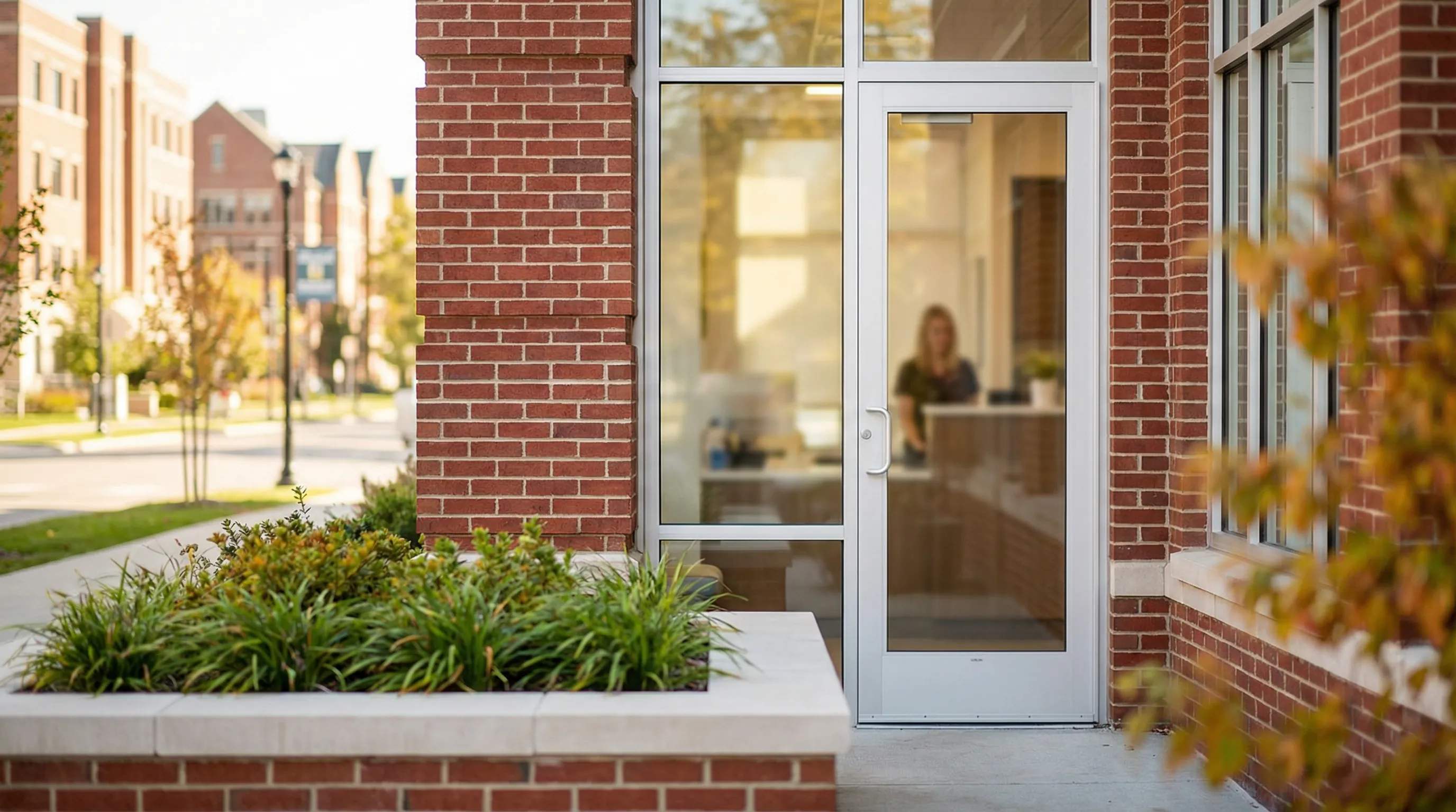 Modern dental office interior with a smiling patient and dentist in Ann Arbor, MI