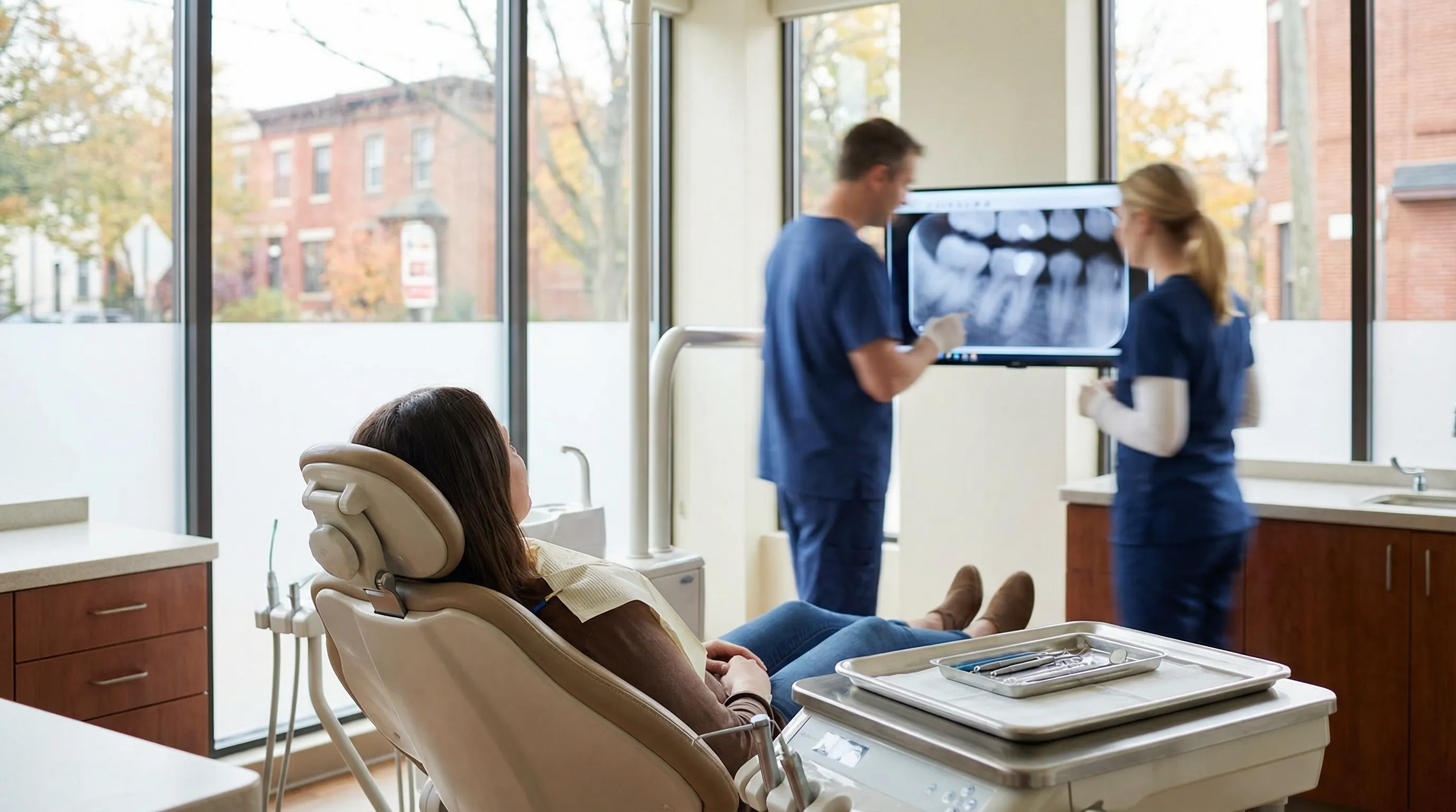 Modern dental office interior with a smiling patient and dentist in Ann Arbor, MI