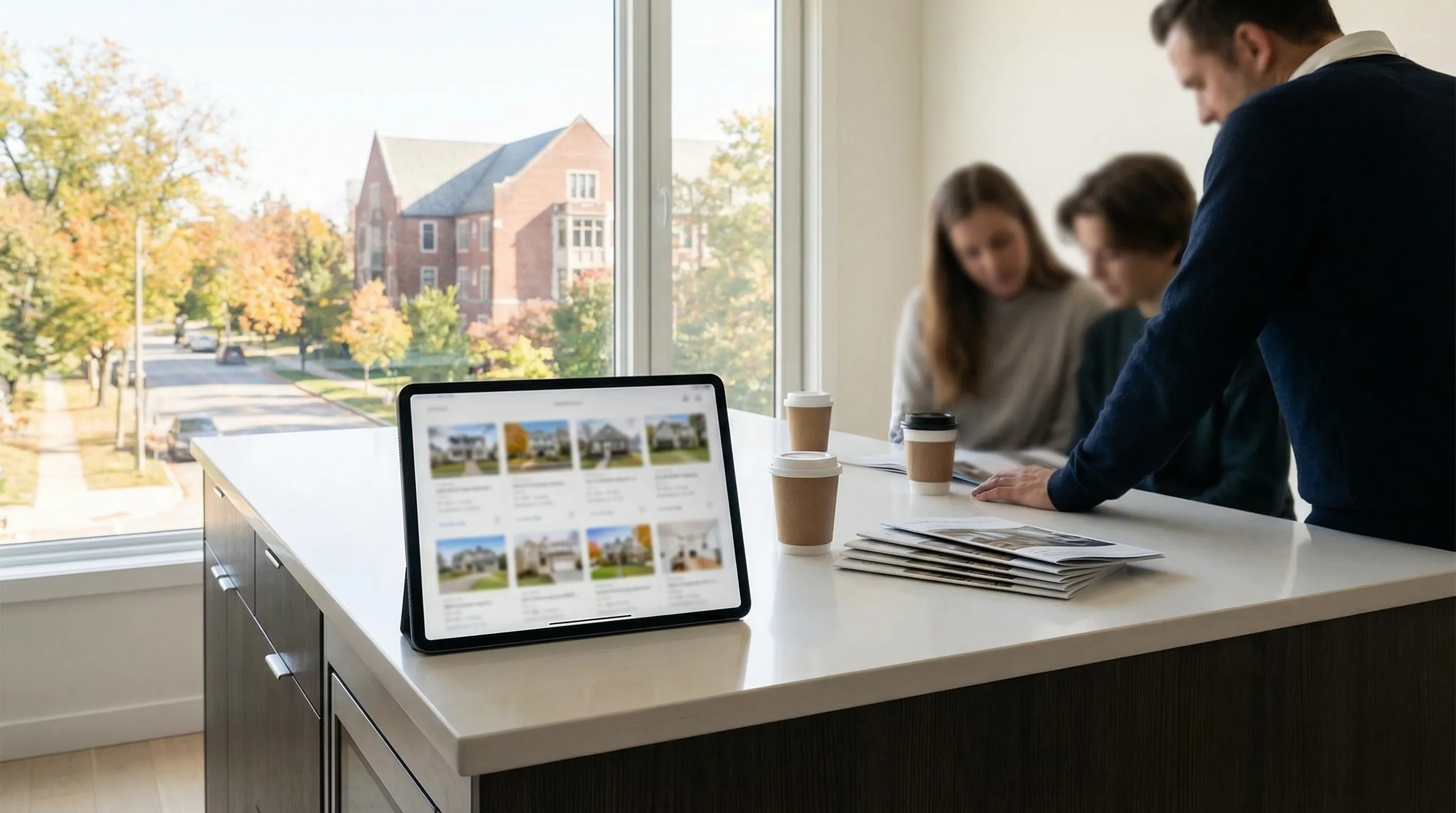 Real estate agent showing a couple a home listing on a tablet in front of a craftsman-style home in Ann Arbor, MI
