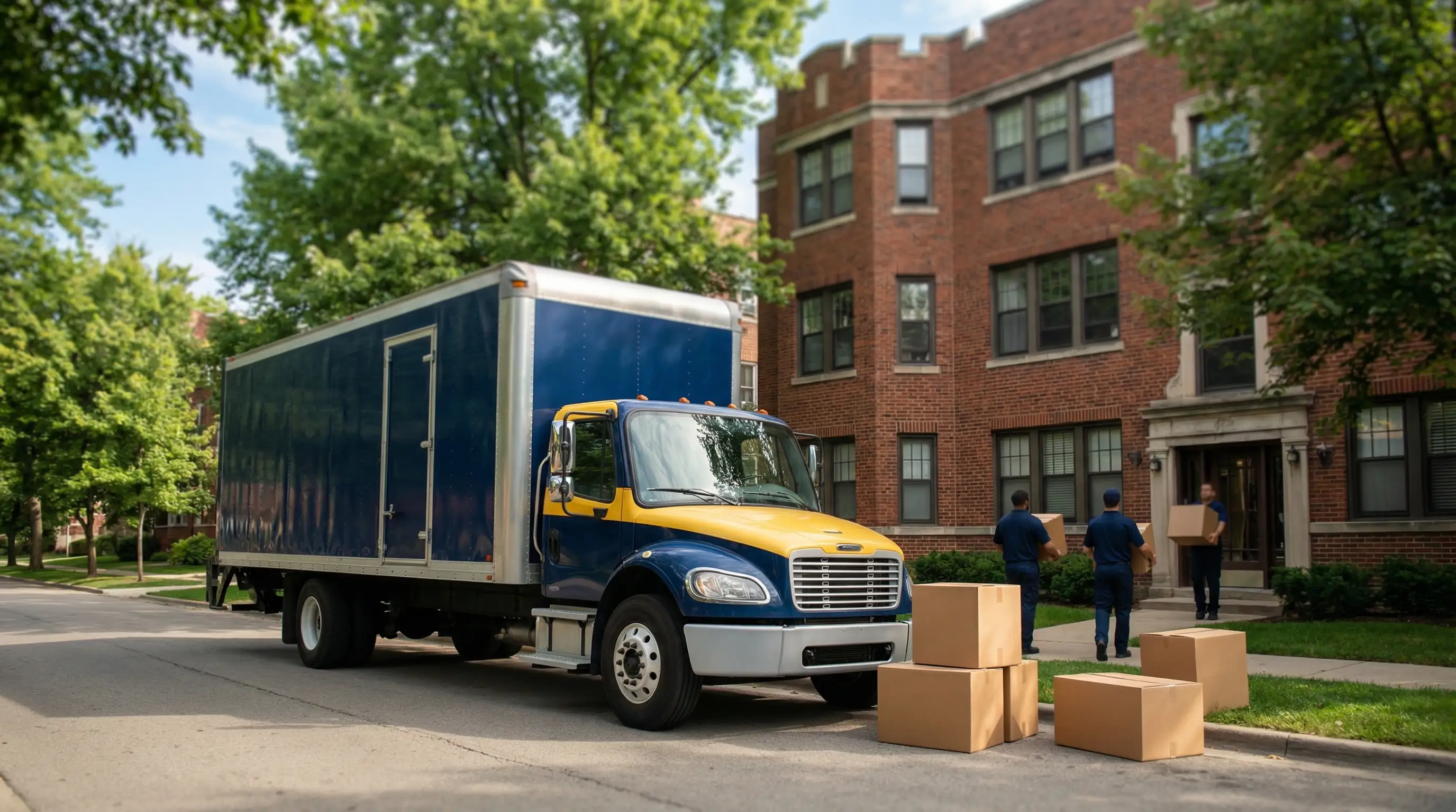 Moving crew carrying boxes out of a brick Ann Arbor apartment building near the University of Michigan campus in summer
