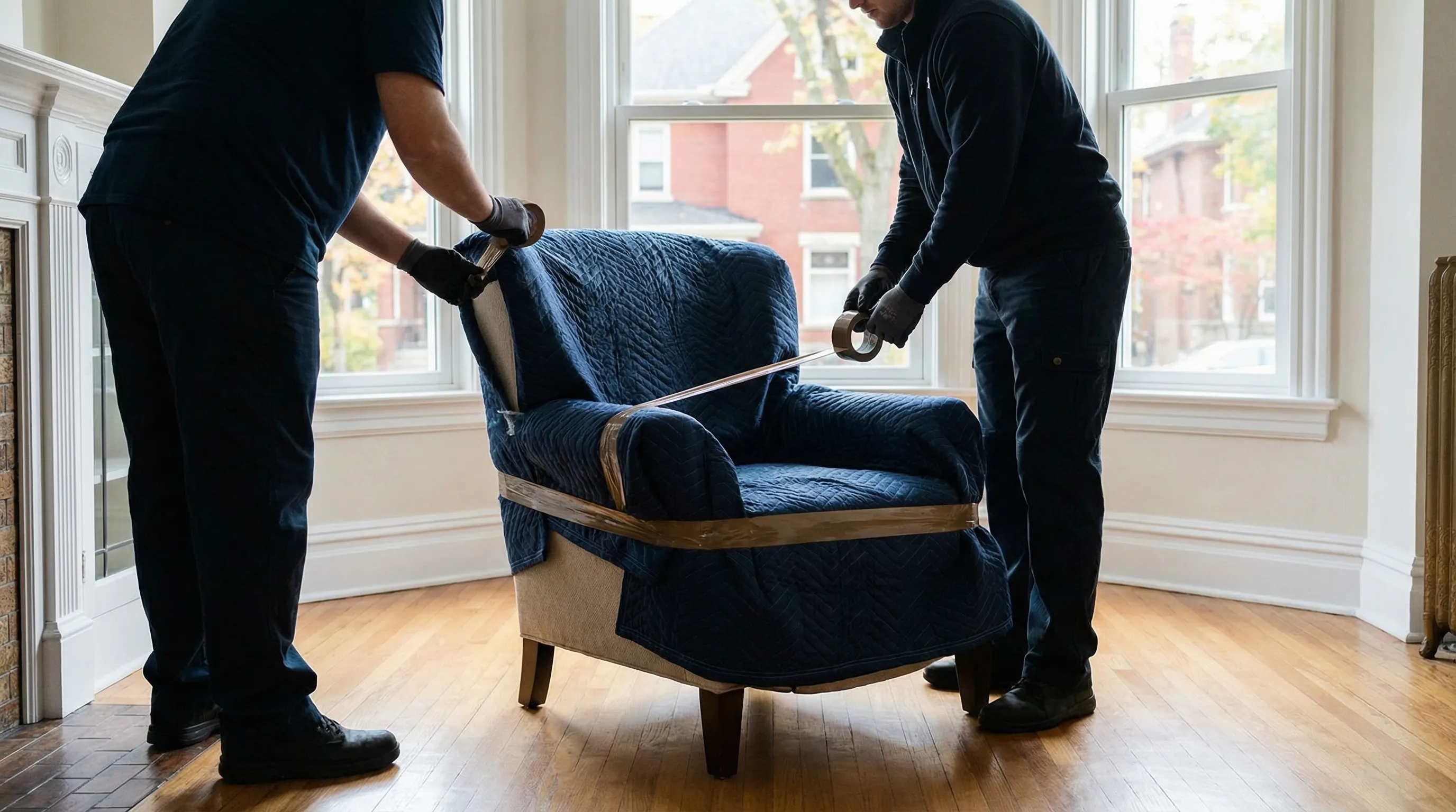 Moving crew carrying boxes out of a brick Ann Arbor apartment building near the University of Michigan campus in summer