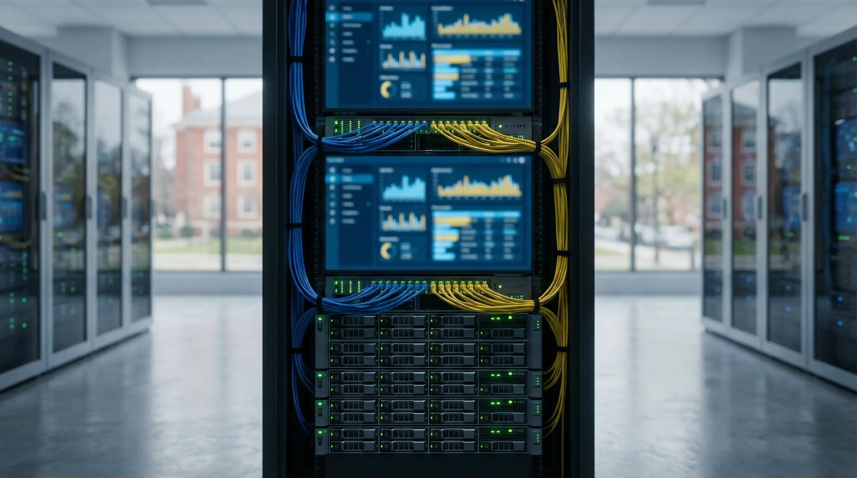 IT professional monitoring network security dashboards in a modern Ann Arbor managed services operations center