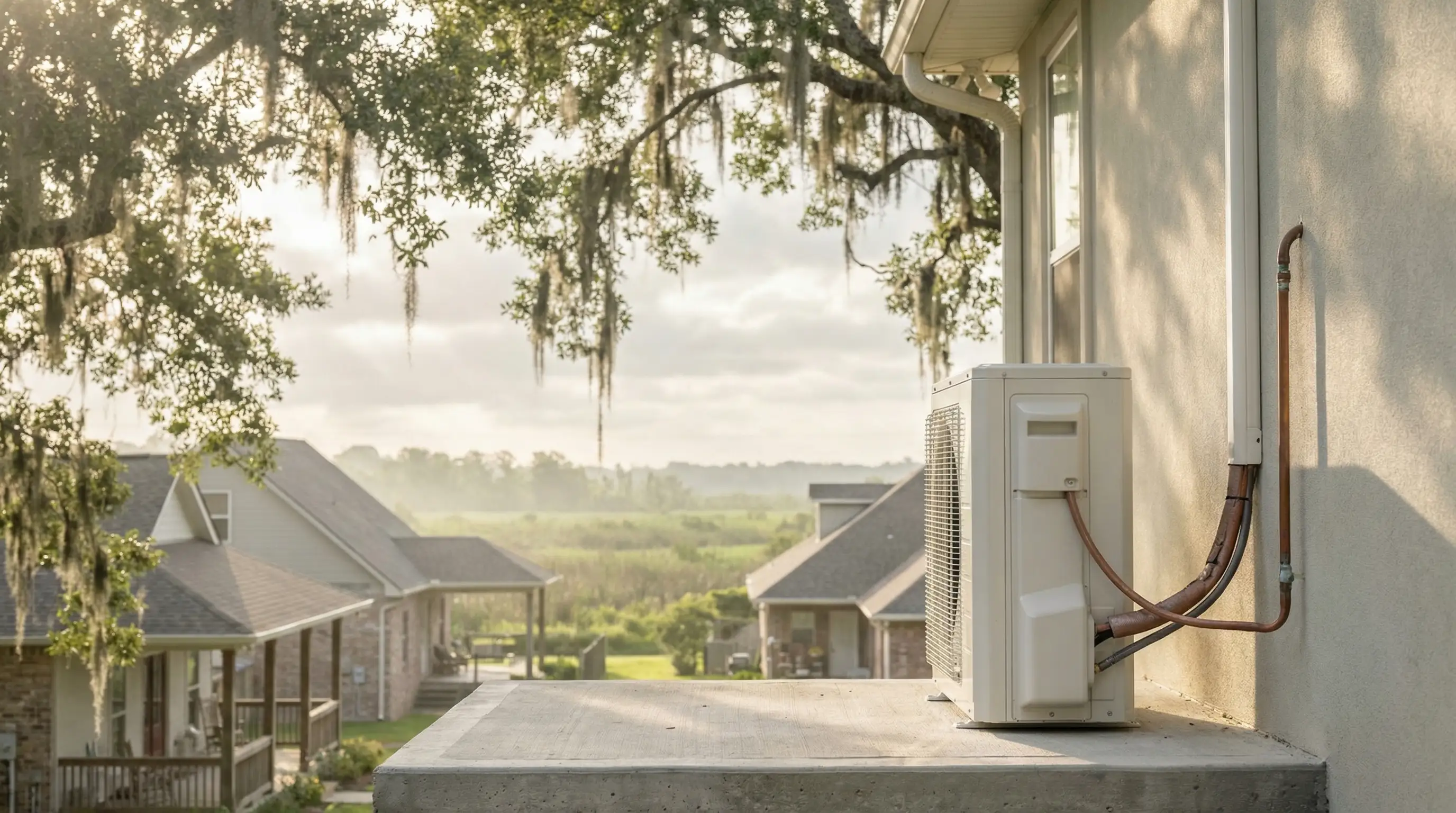 Professional HVAC technician servicing a split-system condenser unit beside a raised ranch home in Lafayette, LA