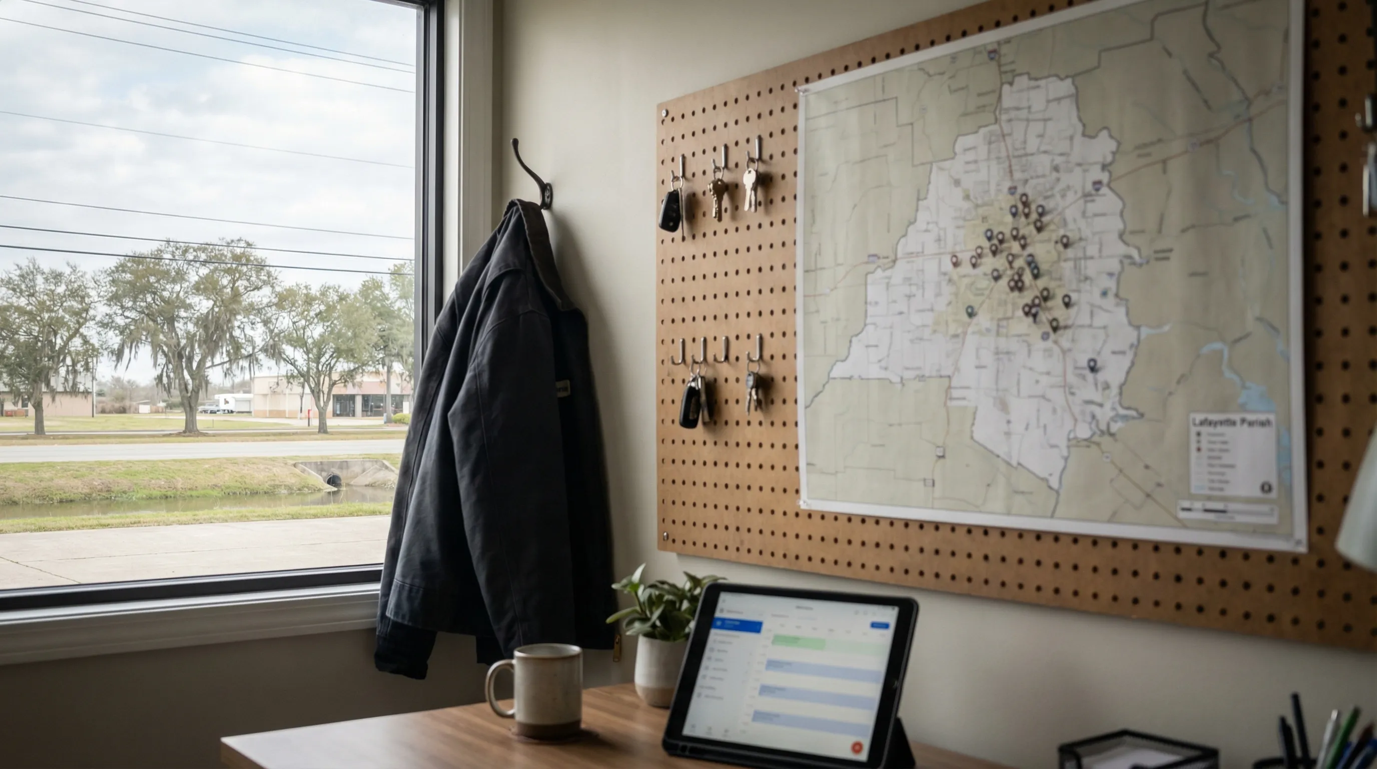 Professional HVAC technician servicing a split-system condenser unit beside a raised ranch home in Lafayette, LA