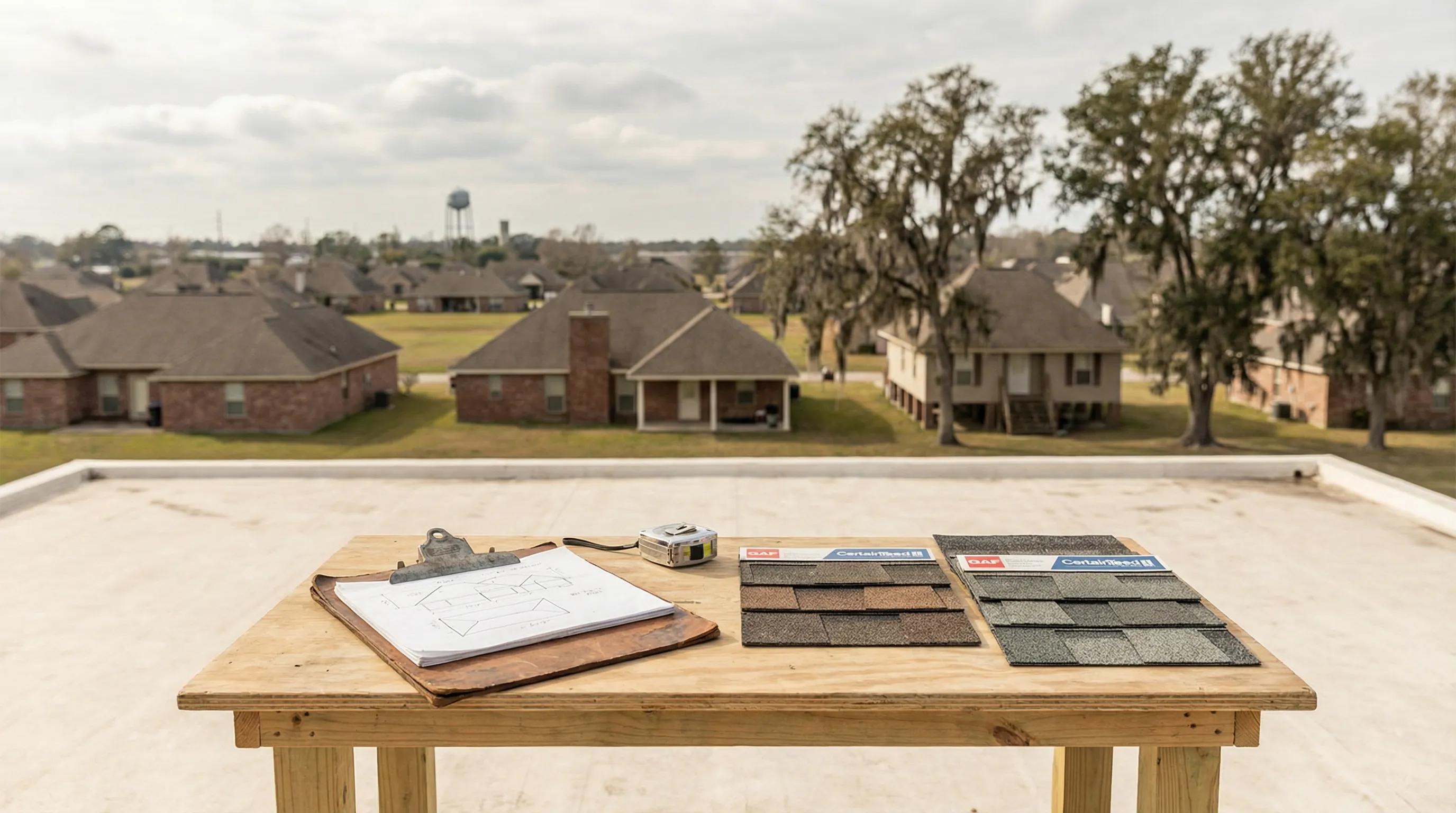 Lafayette roofing contractor reviewing storm-damaged asphalt shingles on a residential roof in Acadiana under a post-storm clearing sky