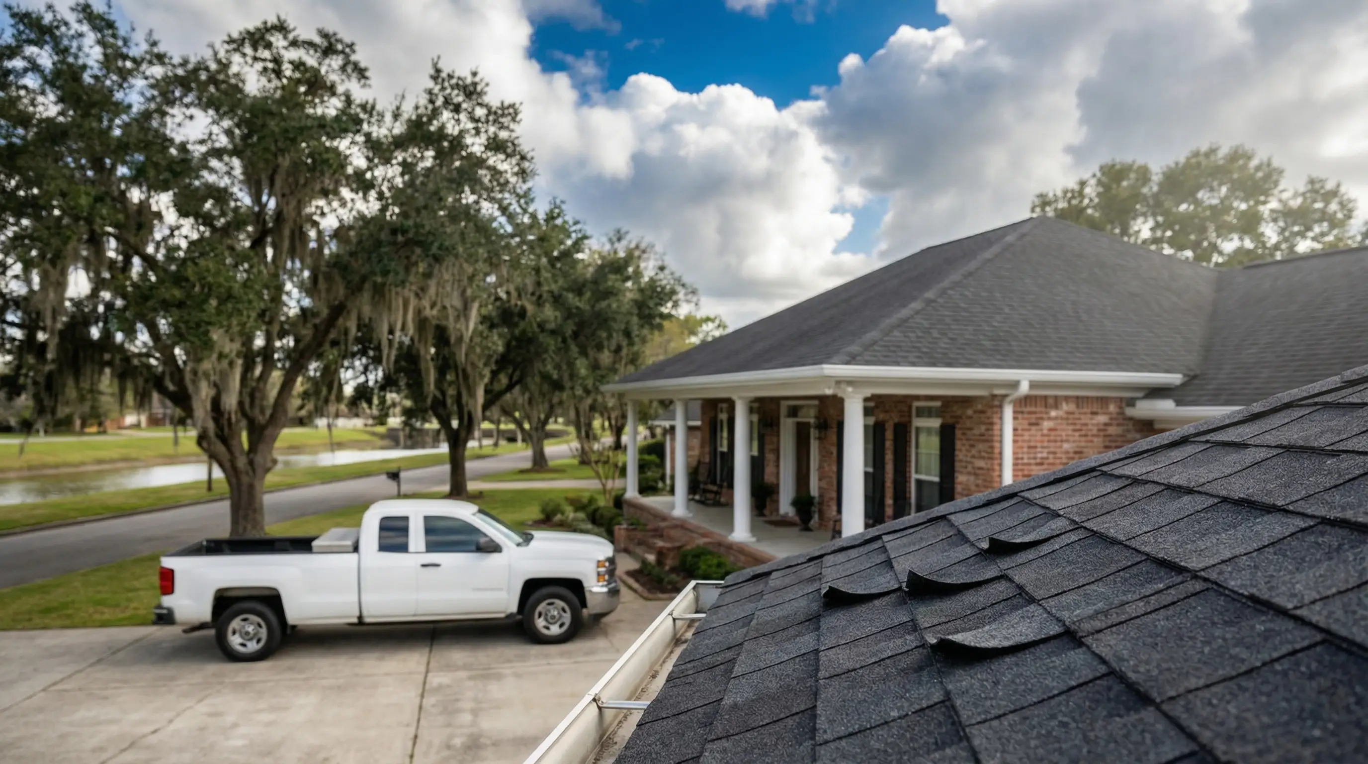 Lafayette roofing contractor reviewing storm-damaged asphalt shingles on a residential roof in Acadiana under a post-storm clearing sky