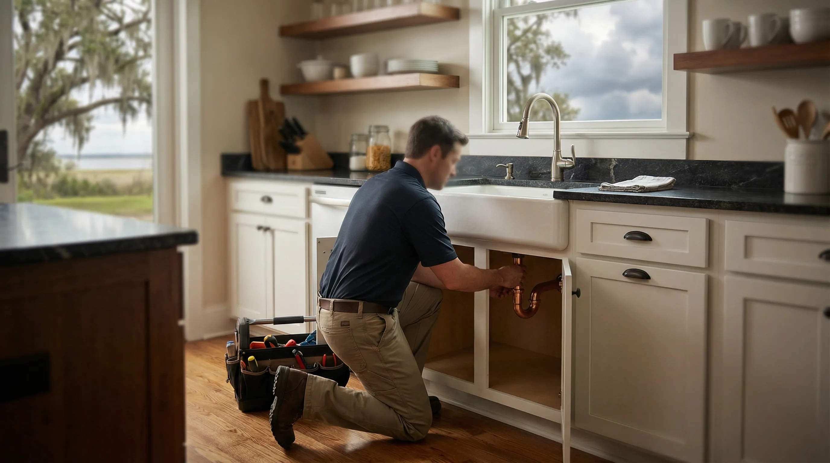 Professional plumber replacing a water heater in a Lafayette, LA home with Cajun cottage-style kitchen in background