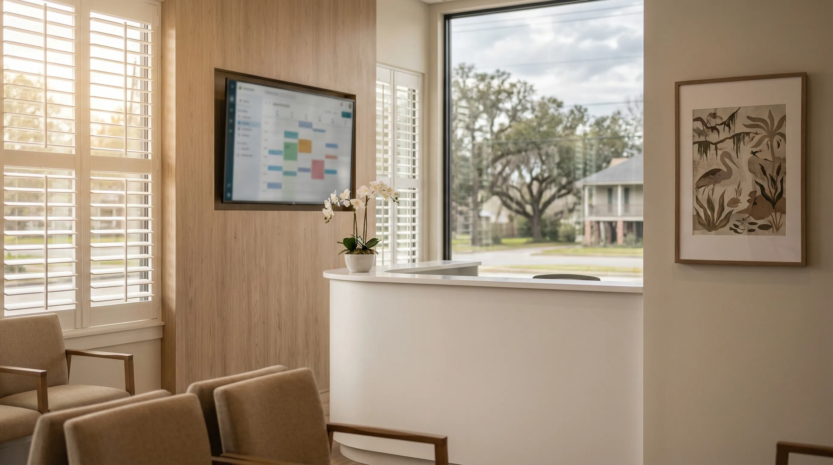 Modern Lafayette dental operatory with reclined patient chair, overhead clinical light, and sterilized instrument tray beside a south-facing window with soft Acadiana afternoon light