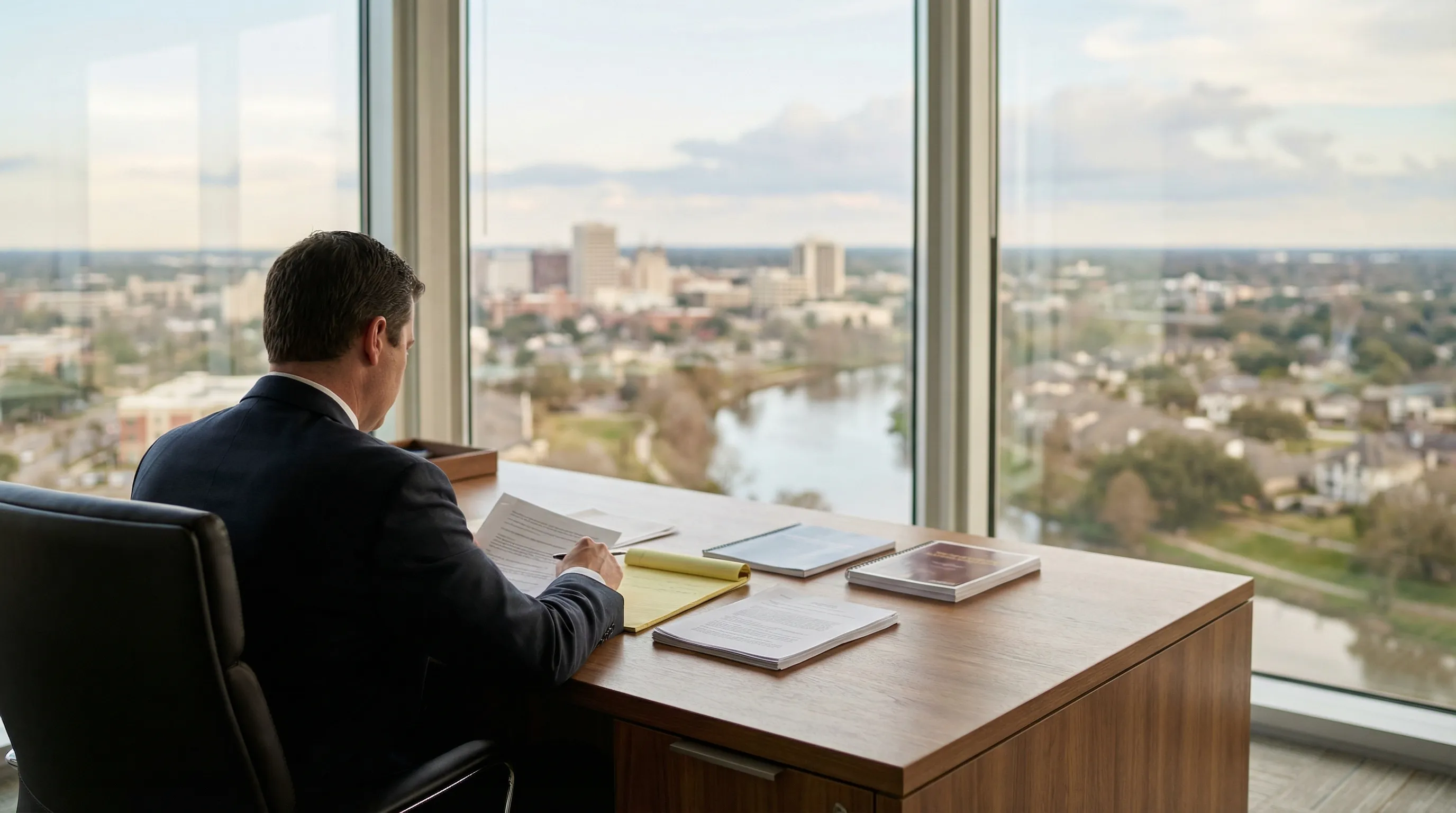 Professional personal injury attorney reviewing case files in a downtown Lafayette, LA office
