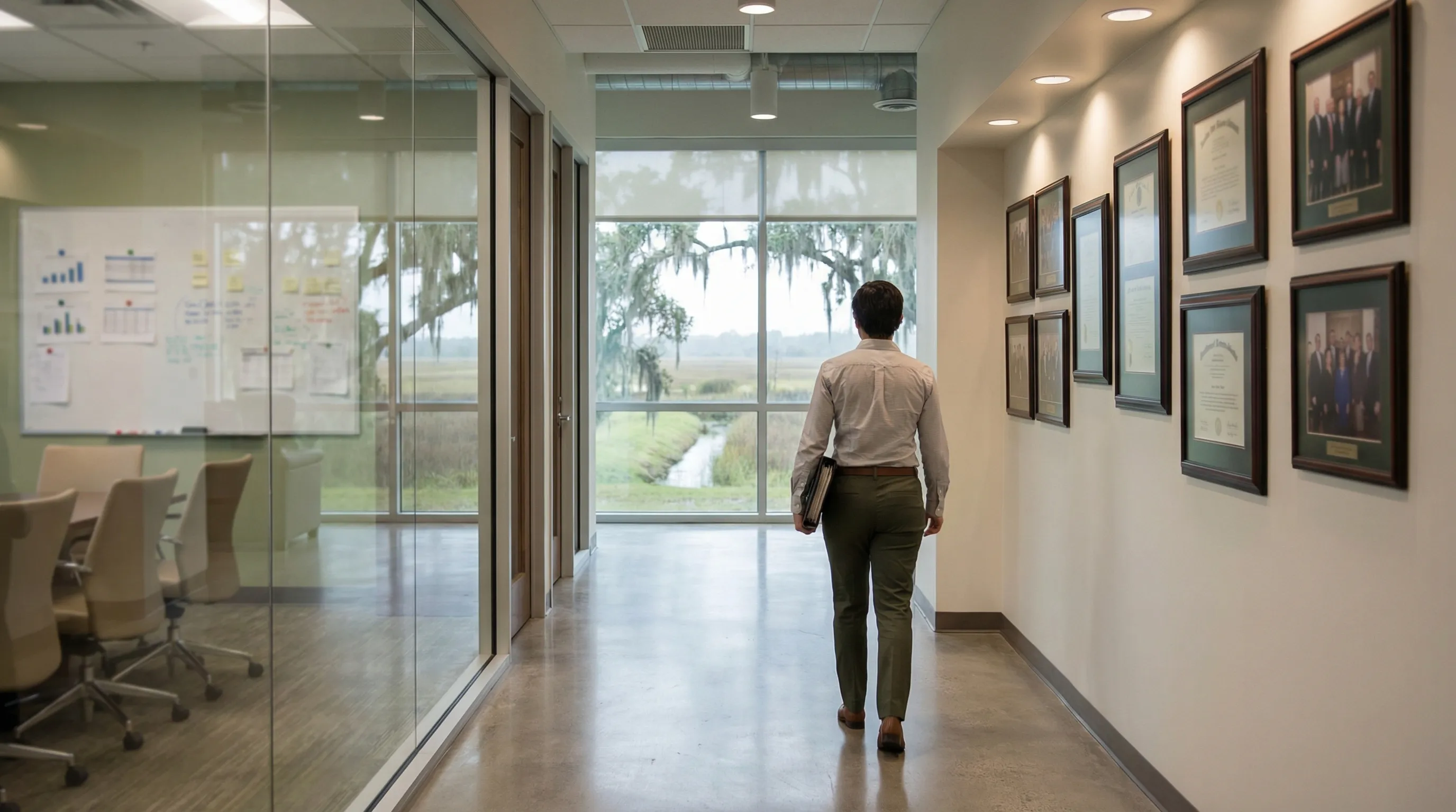 Professional personal injury attorney reviewing case files in a downtown Lafayette, LA office