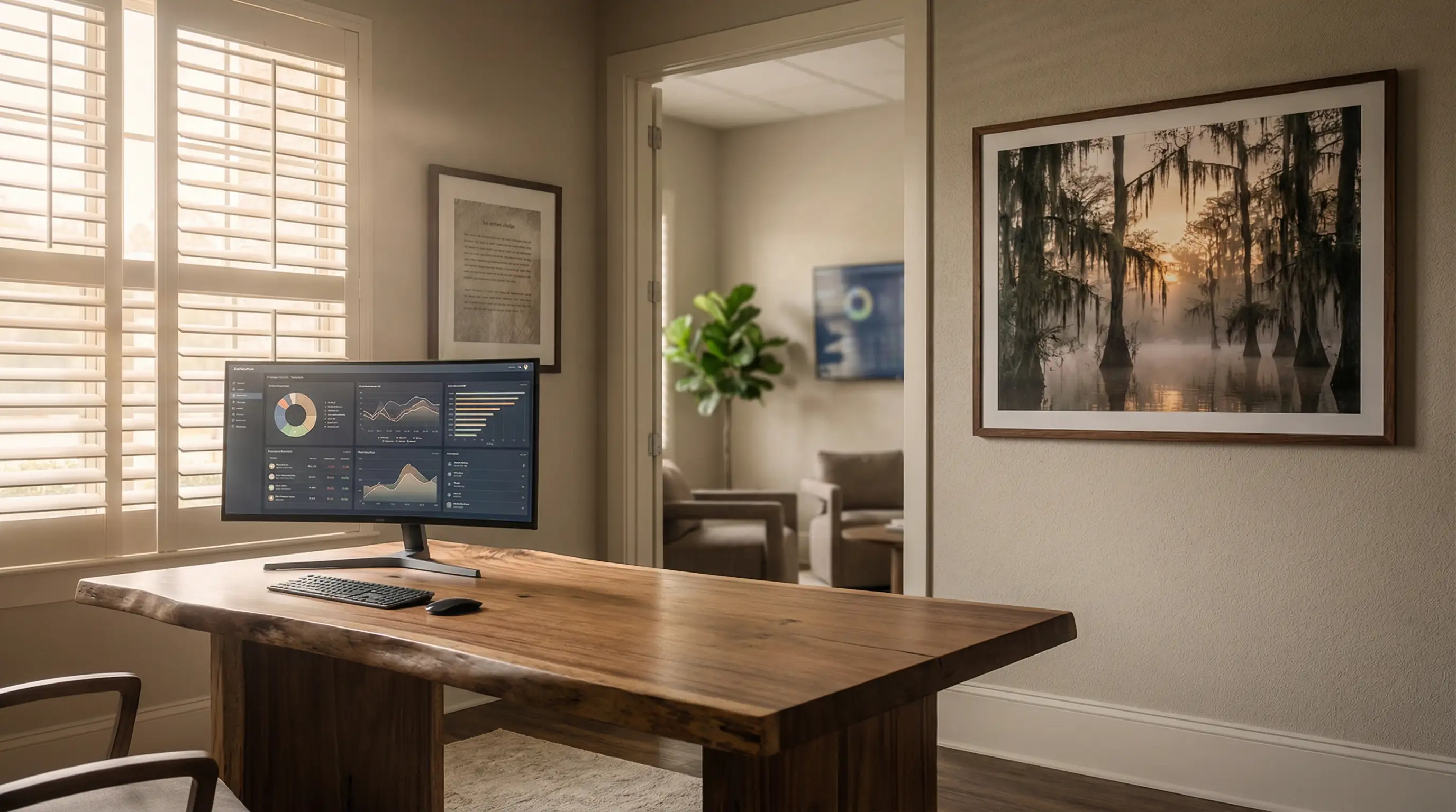 Lafayette financial advisor reviewing investment portfolio with oil industry client in a professional Acadiana office setting