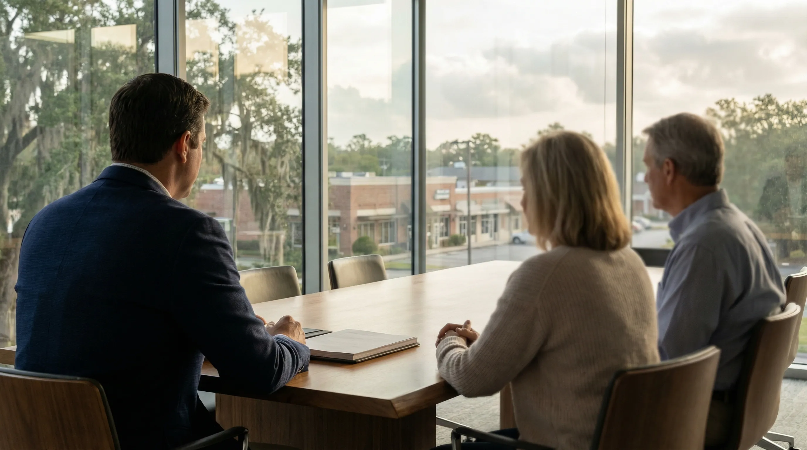 Lafayette financial advisor reviewing investment portfolio with oil industry client in a professional Acadiana office setting