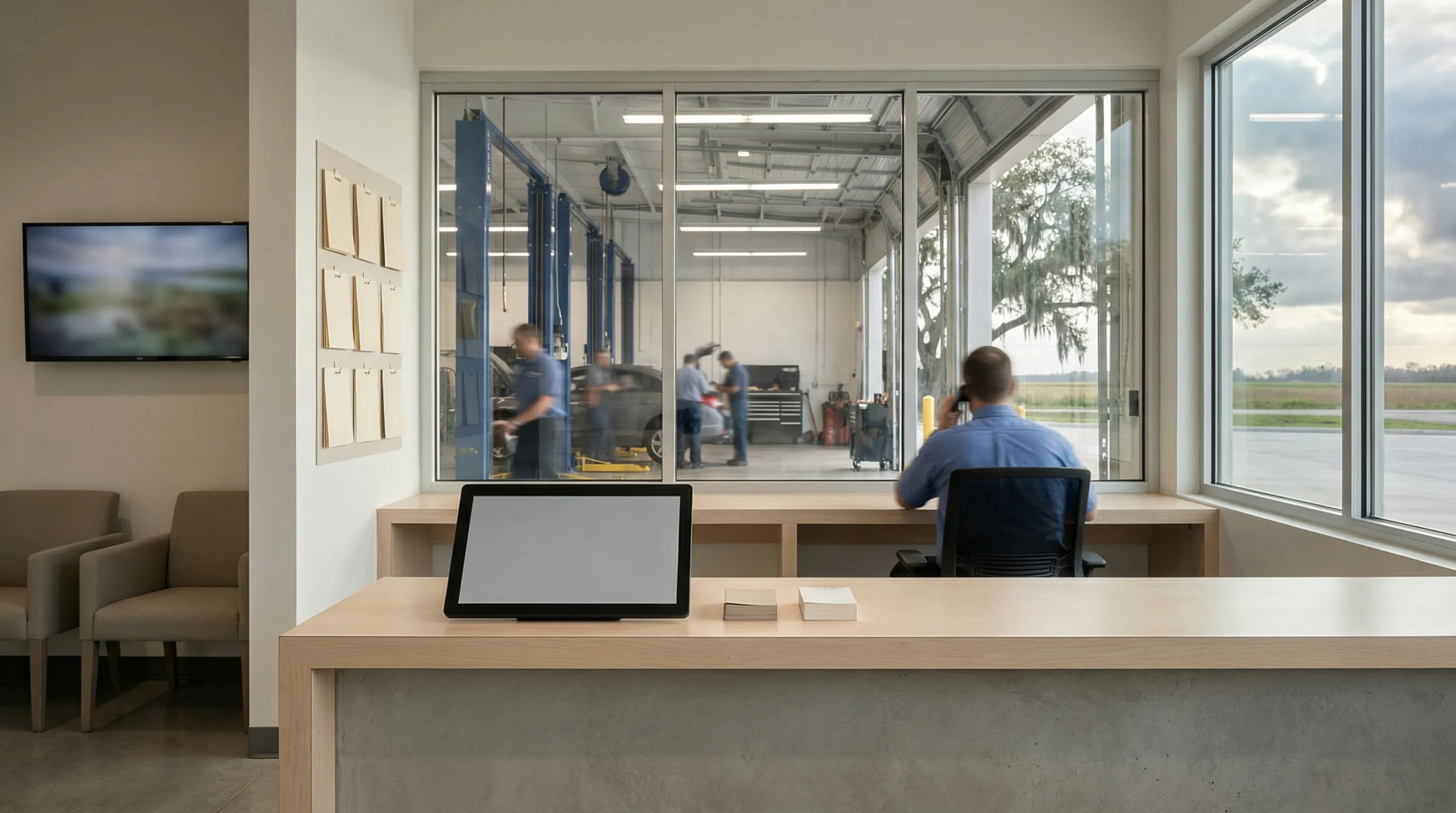 Lafayette mechanic diagnosing a vehicle engine in a professional auto repair shop bay in Lafayette, LA
