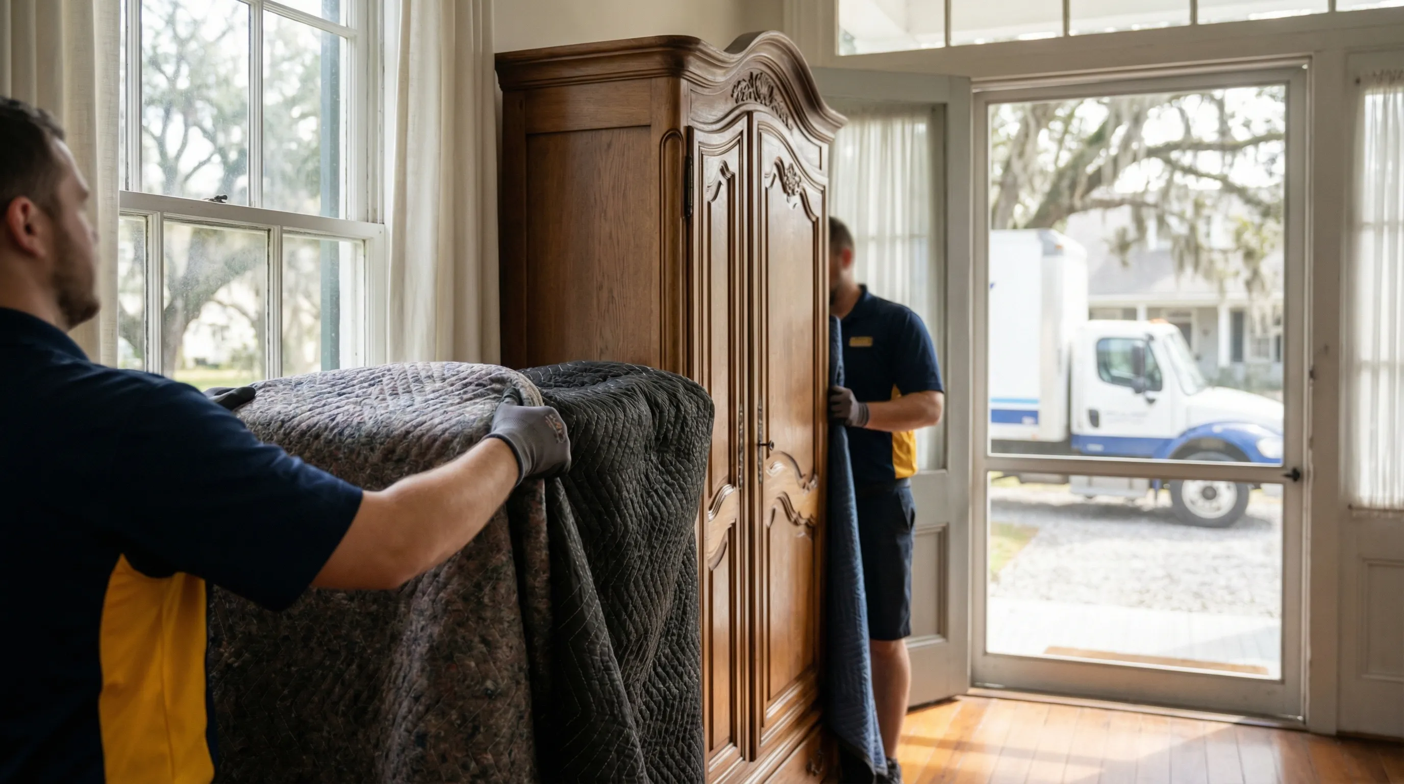 Lafayette moving crew carefully wrapping furniture in a Cajun-style home before loading into a branded moving truck in Lafayette, LA