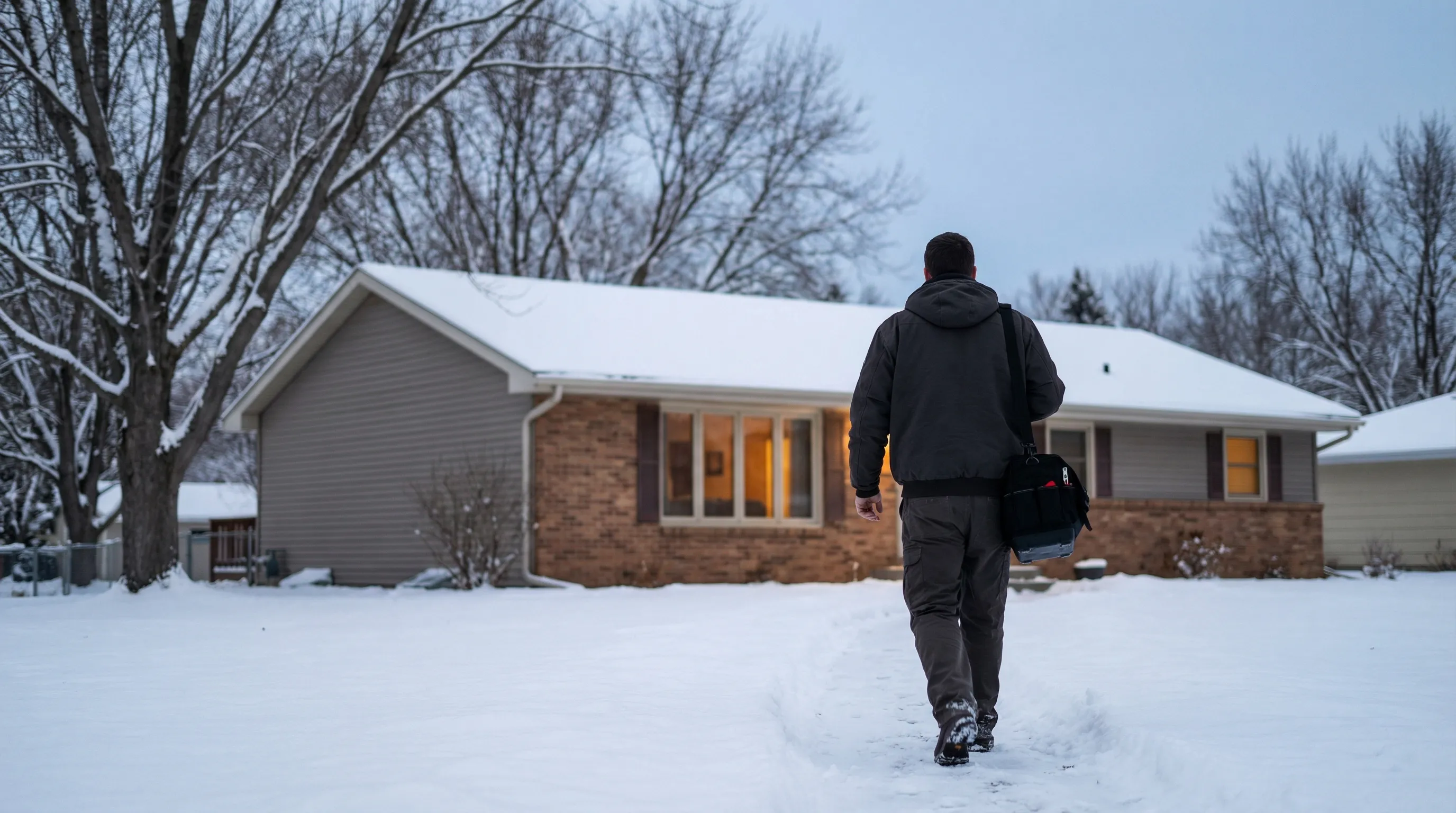 Professional HVAC technician servicing a furnace in a Rochester, MN suburban home during Minnesota winter