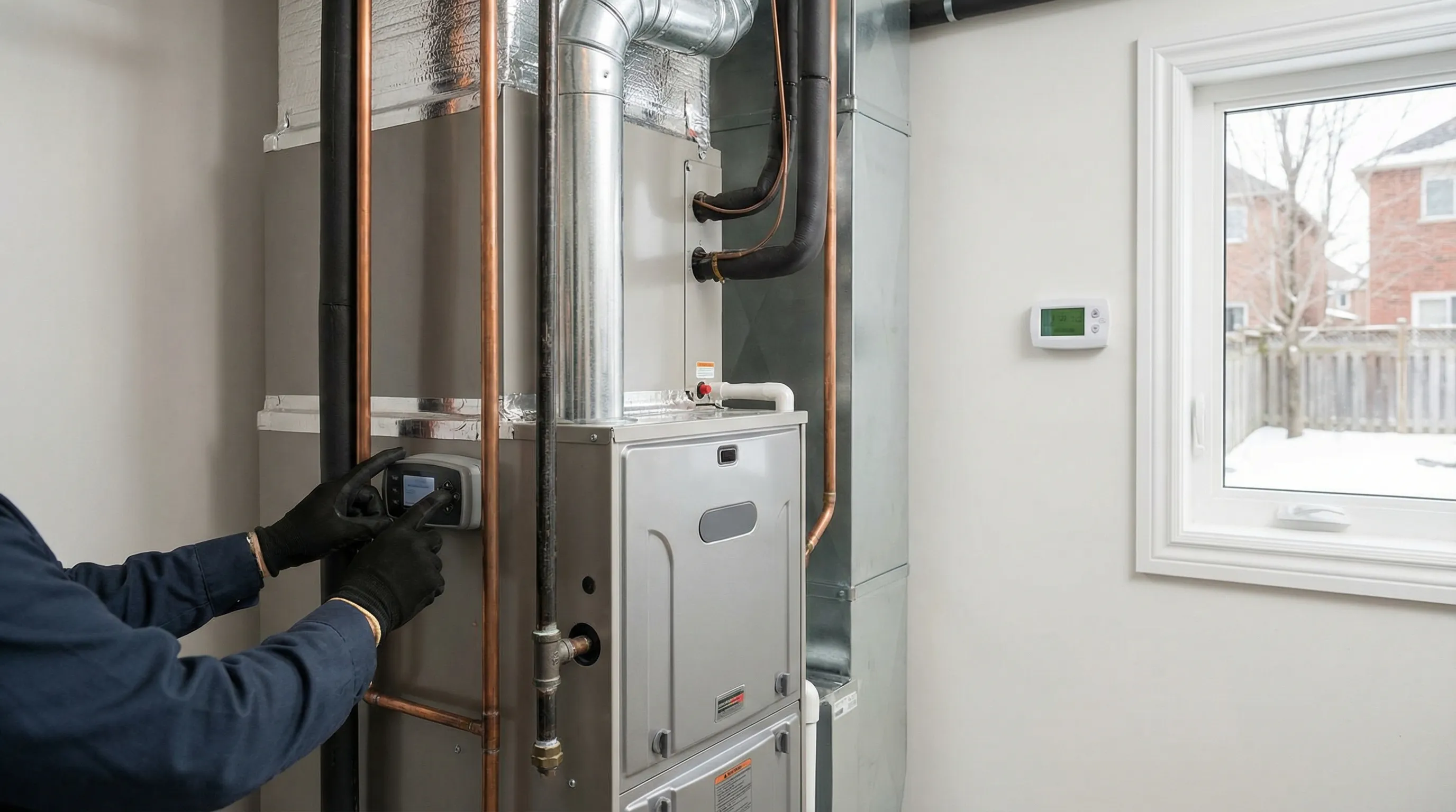 Professional HVAC technician servicing a furnace in a Rochester, MN suburban home during Minnesota winter