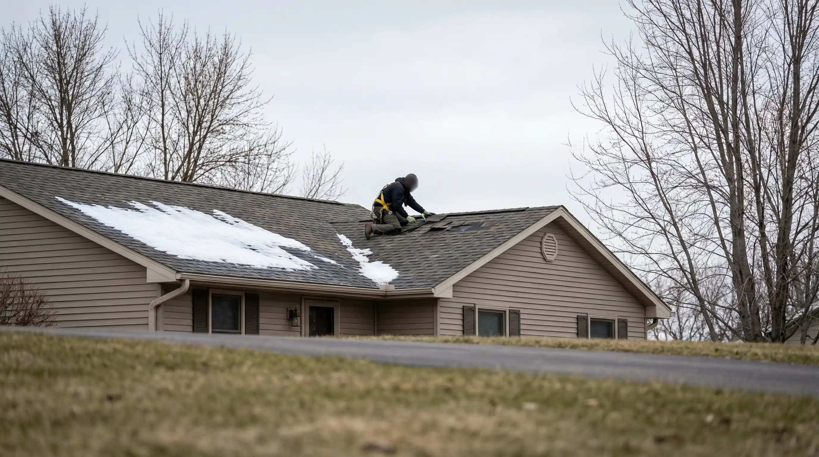 Professional roofing contractor inspecting a storm-damaged roof on a suburban home in Rochester, MN