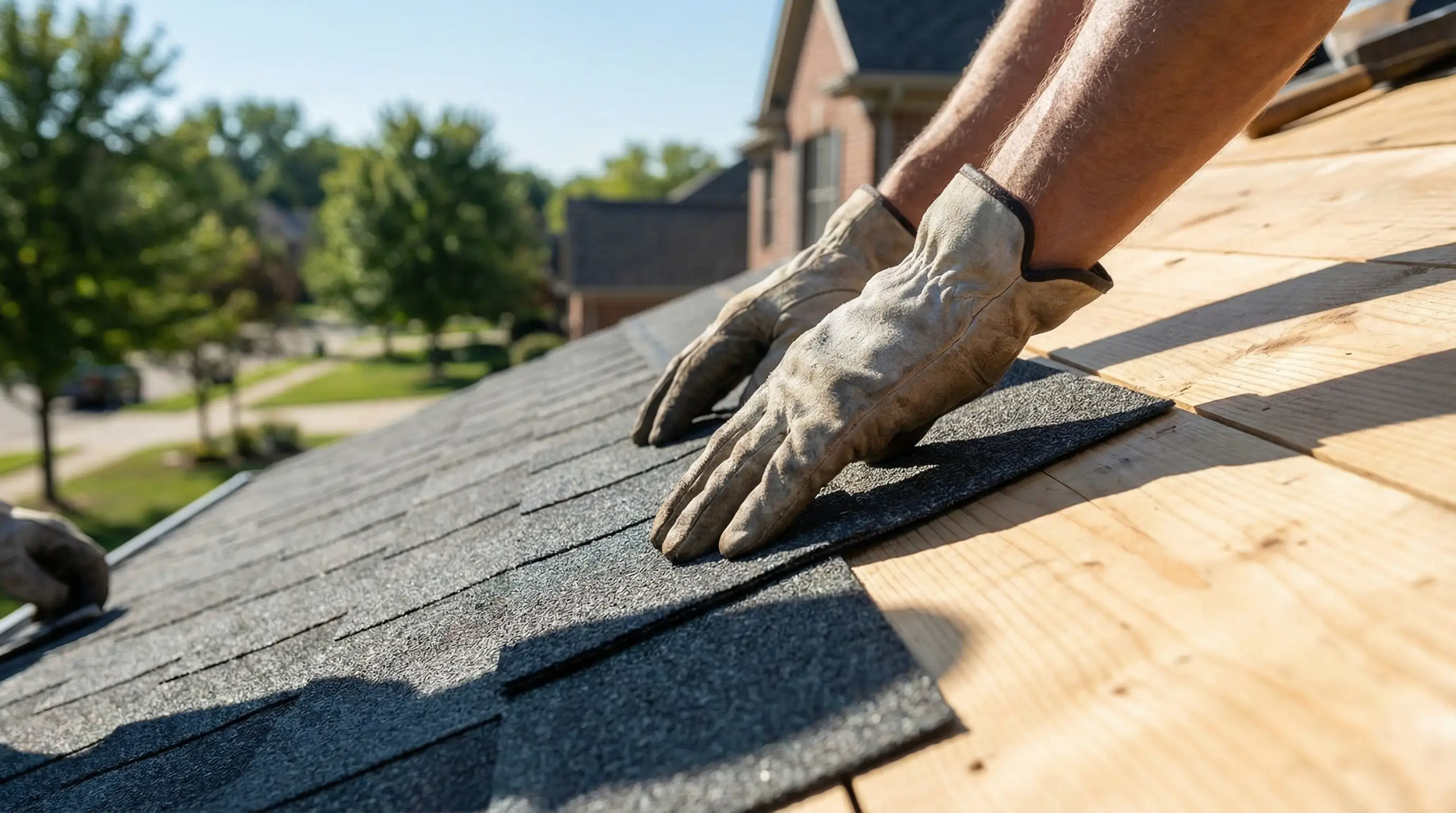 Professional roofing contractor inspecting a storm-damaged roof on a suburban home in Rochester, MN