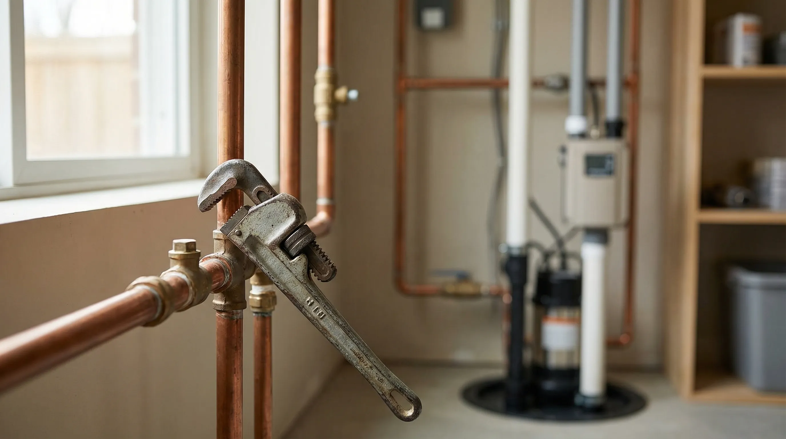 Professional plumber servicing a sump pump in a Rochester, MN residential basement during spring flooding season
