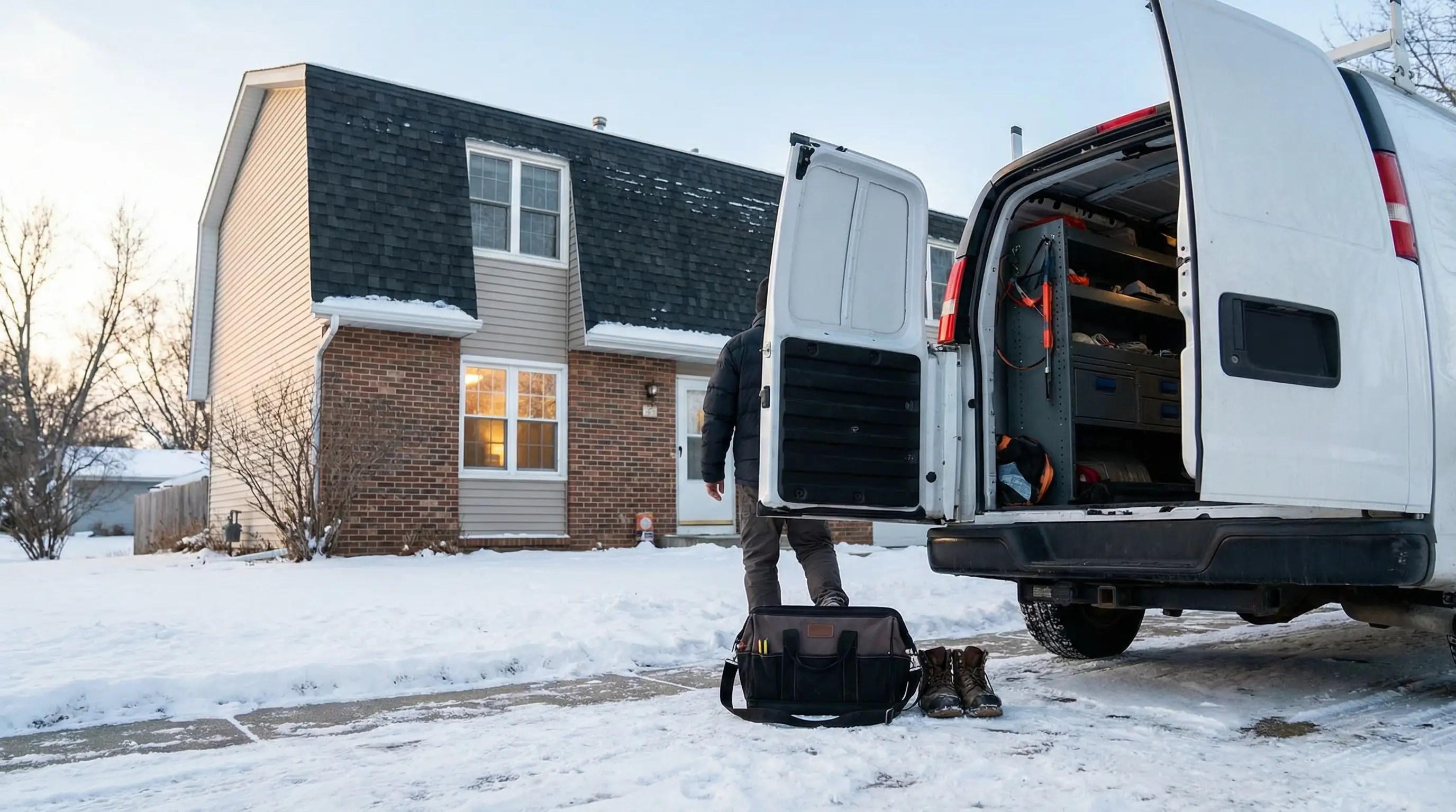 Professional plumber servicing a sump pump in a Rochester, MN residential basement during spring flooding season