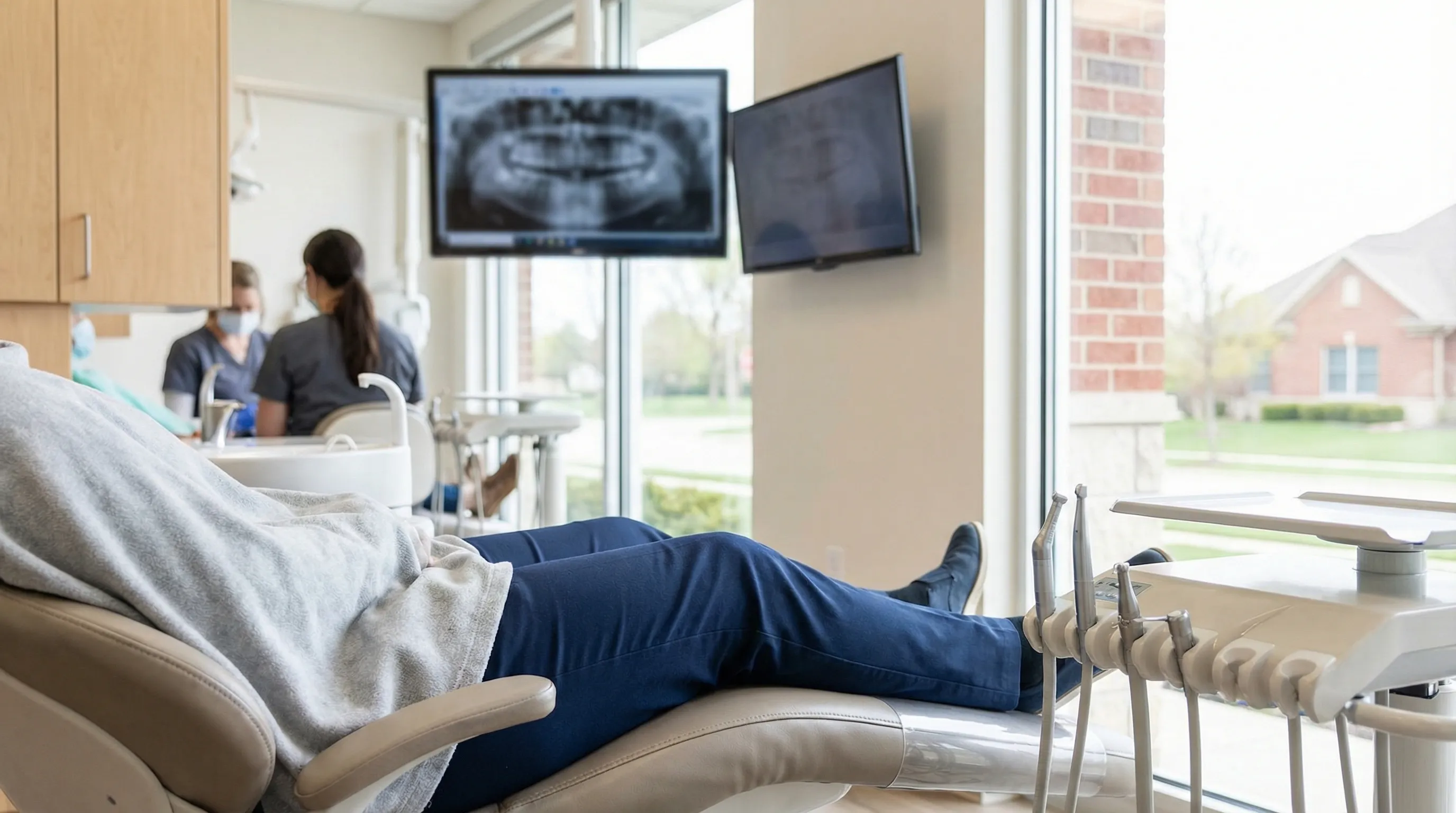 Modern dental practice interior in Rochester, MN with a patient smiling during a consultation with a dentist