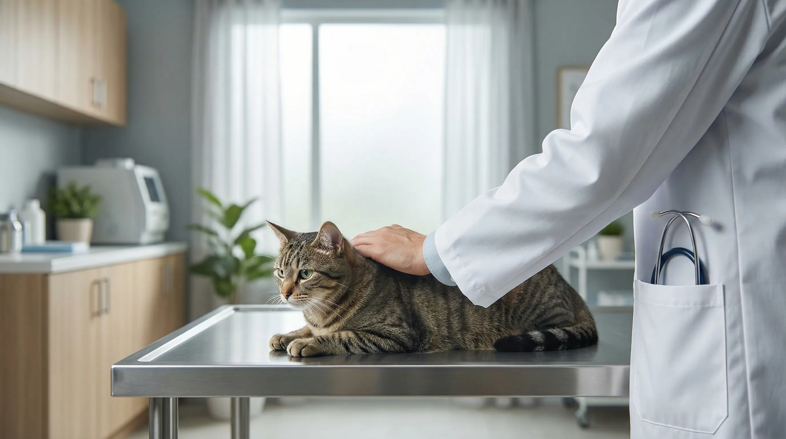 Veterinarian in scrubs greeting a golden retriever at a Rochester, MN veterinary clinic on a bright morning