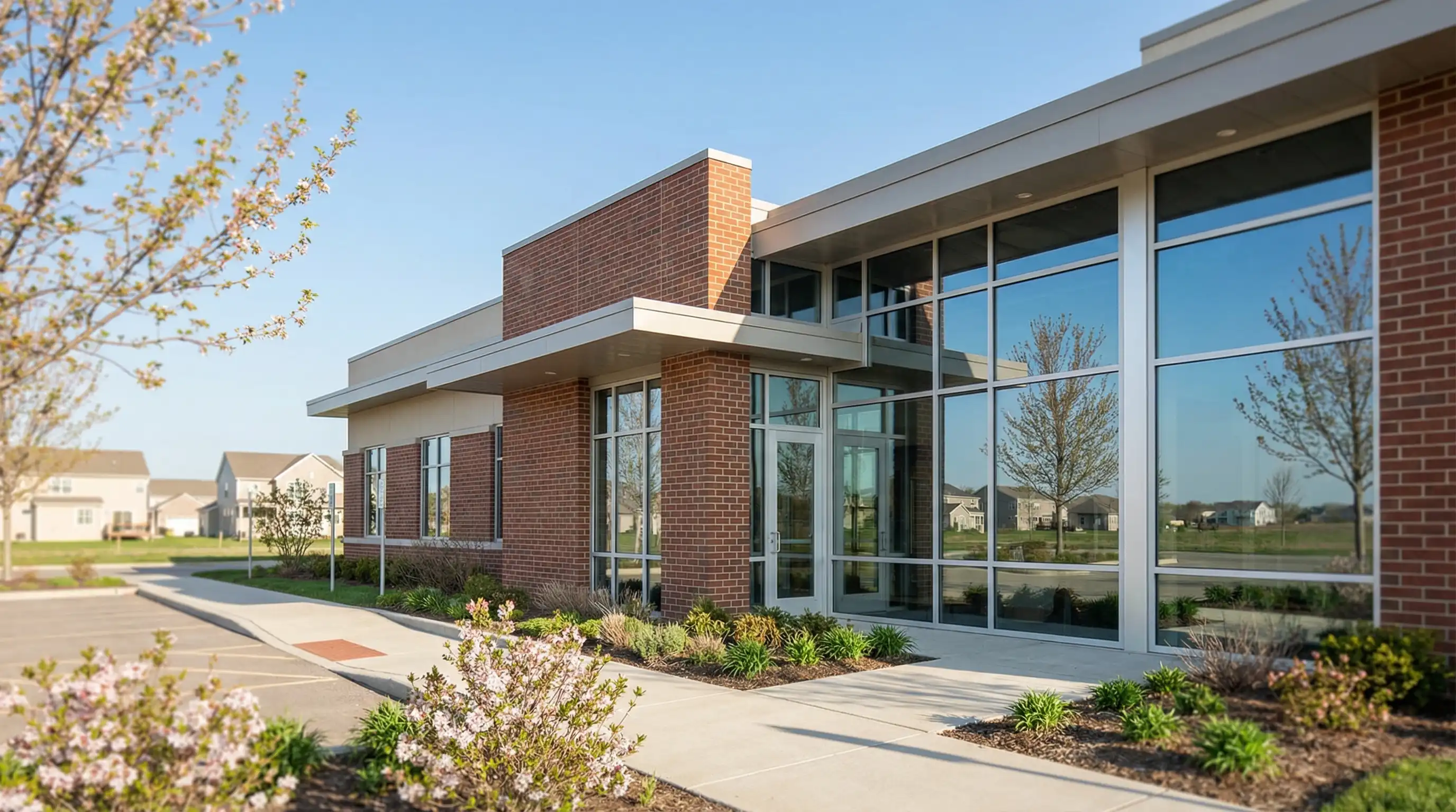Veterinarian in scrubs greeting a golden retriever at a Rochester, MN veterinary clinic on a bright morning
