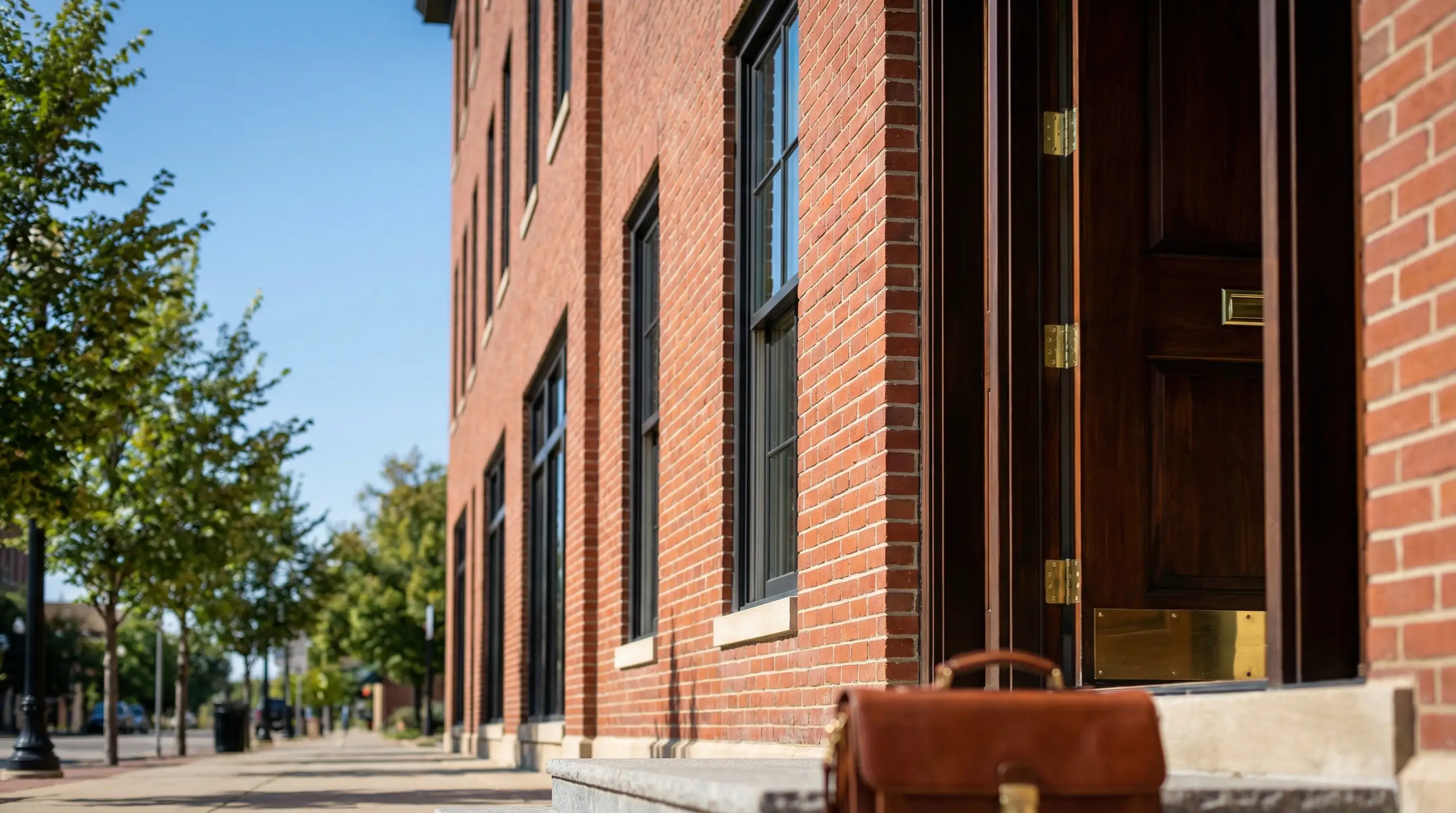 Professional attorney in a suit outside a Rochester, MN law office on a clear downtown street