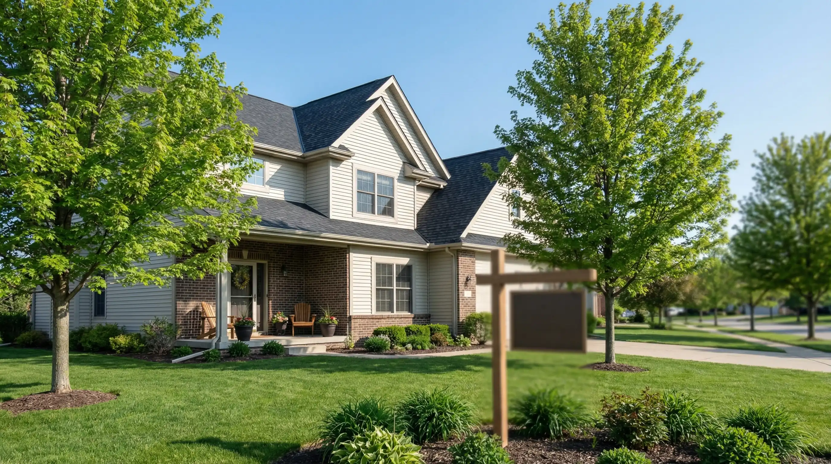 Real estate agent shaking hands with a couple on the front porch of a Rochester, MN suburban home for sale in spring