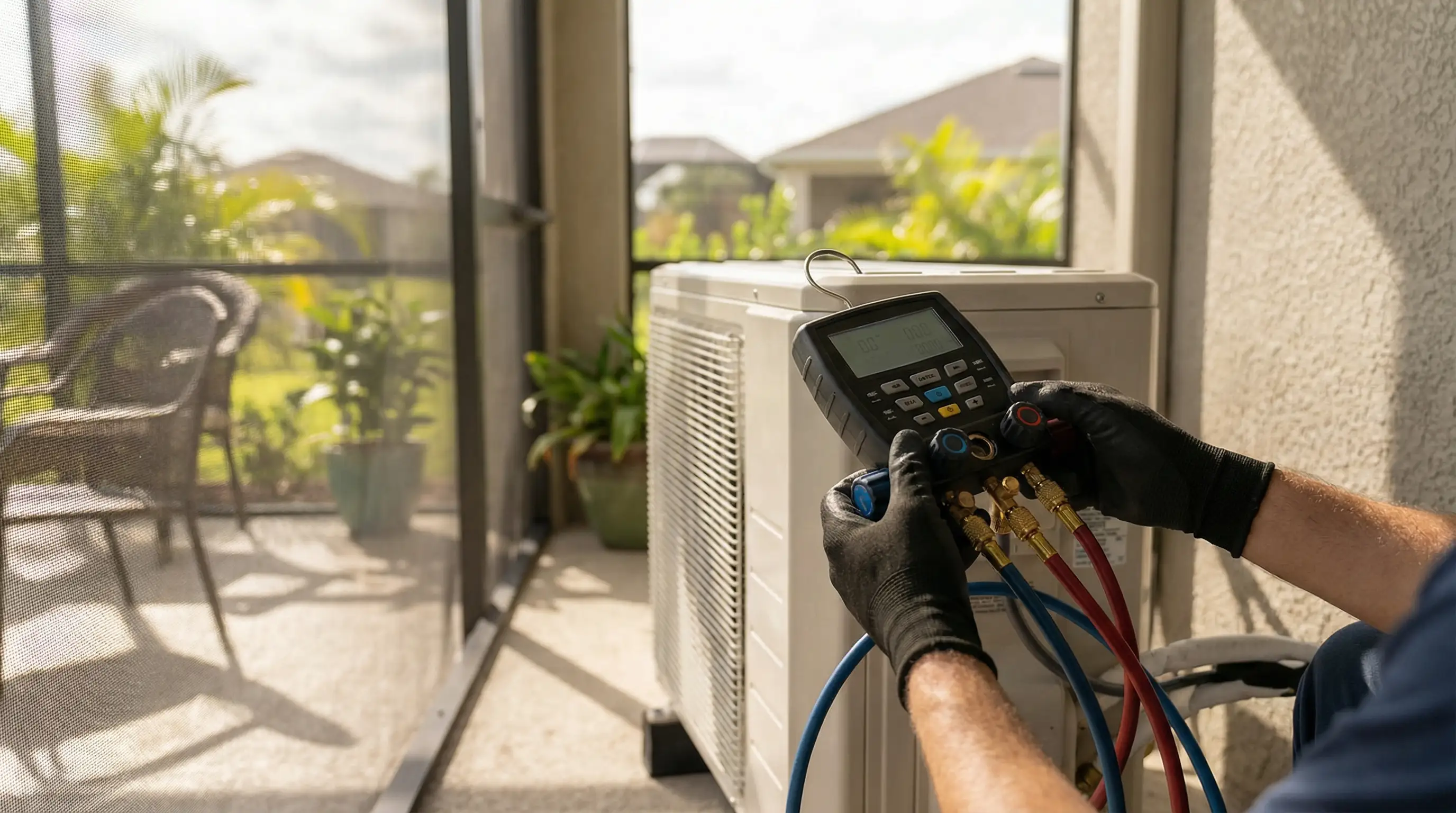 Professional HVAC technician servicing a residential air conditioner in Palm Bay, FL