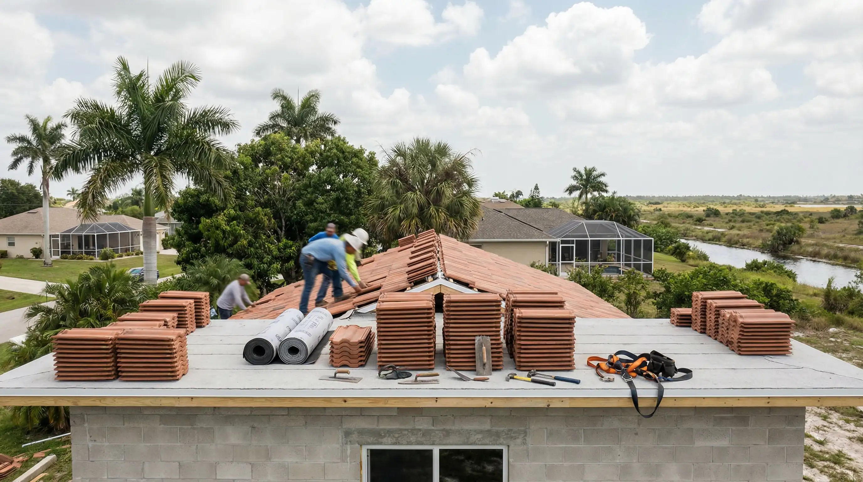Professional roofing contractor inspecting a tile roof on a residential home in Palm Bay, FL