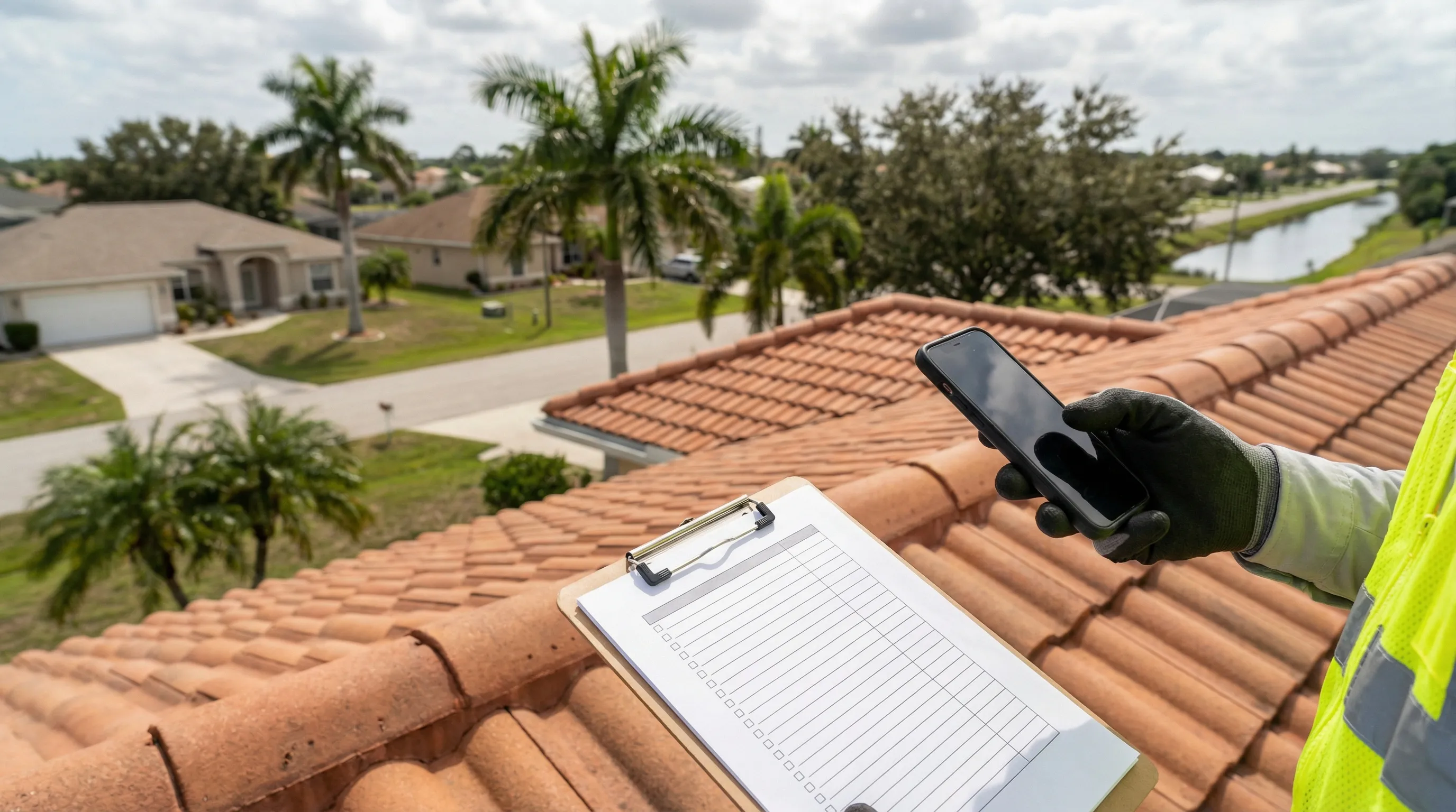 Professional roofing contractor inspecting a tile roof on a residential home in Palm Bay, FL