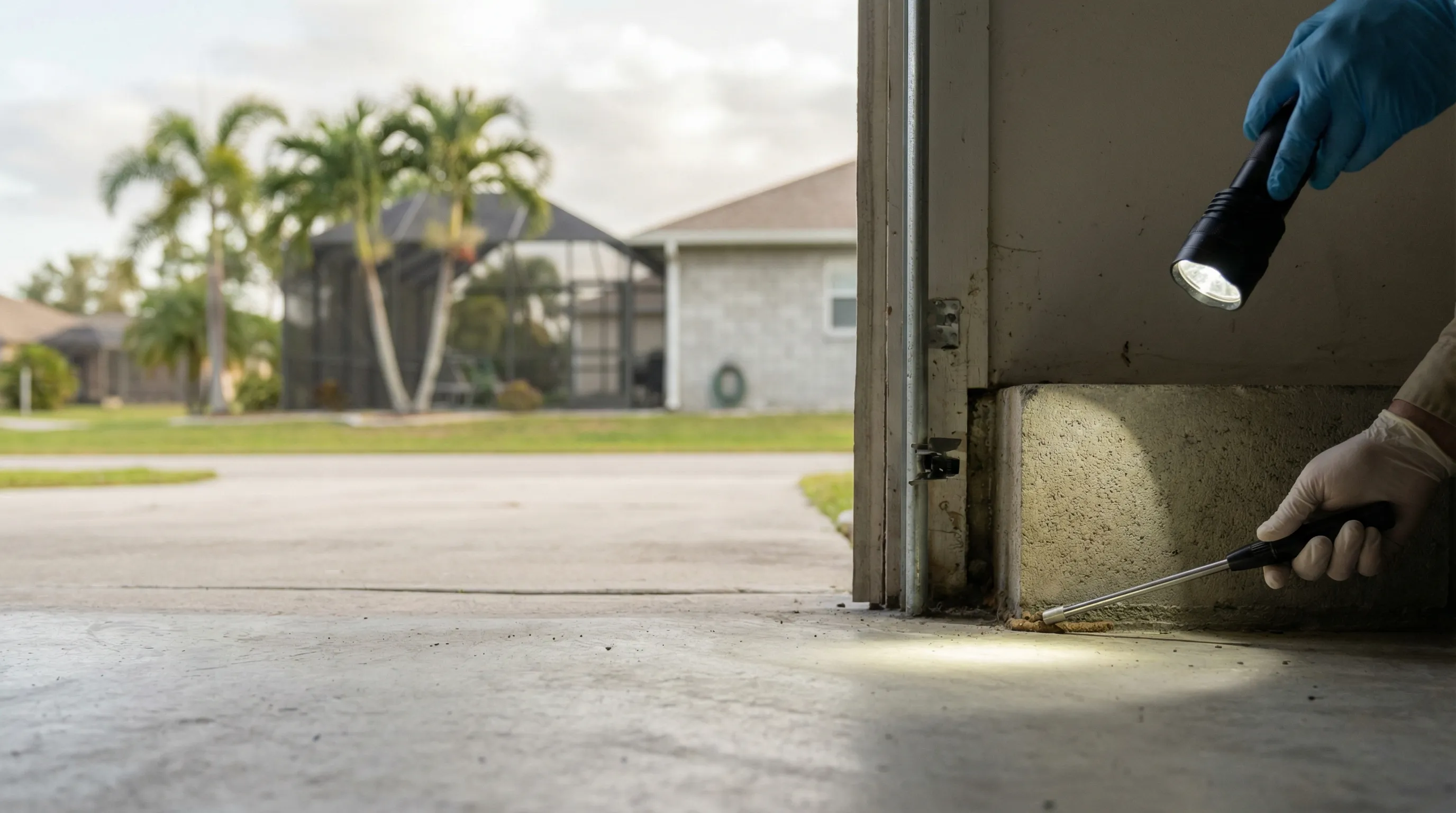 Professional pest control technician treating the perimeter of a residential home in Palm Bay, FL