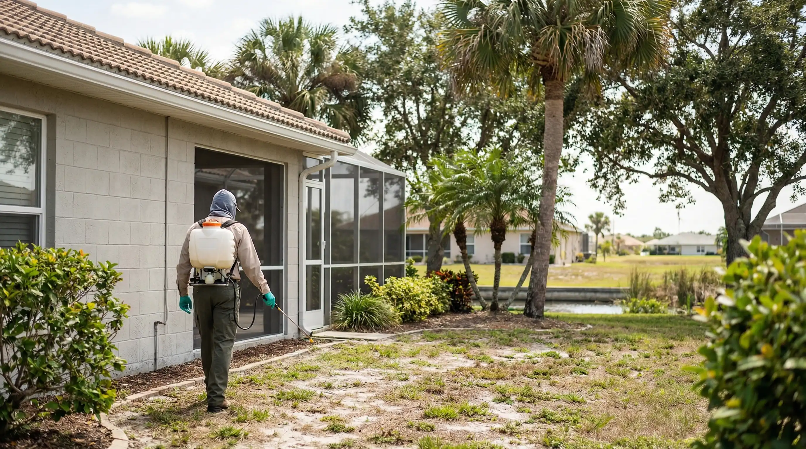 Professional pest control technician treating the perimeter of a residential home in Palm Bay, FL