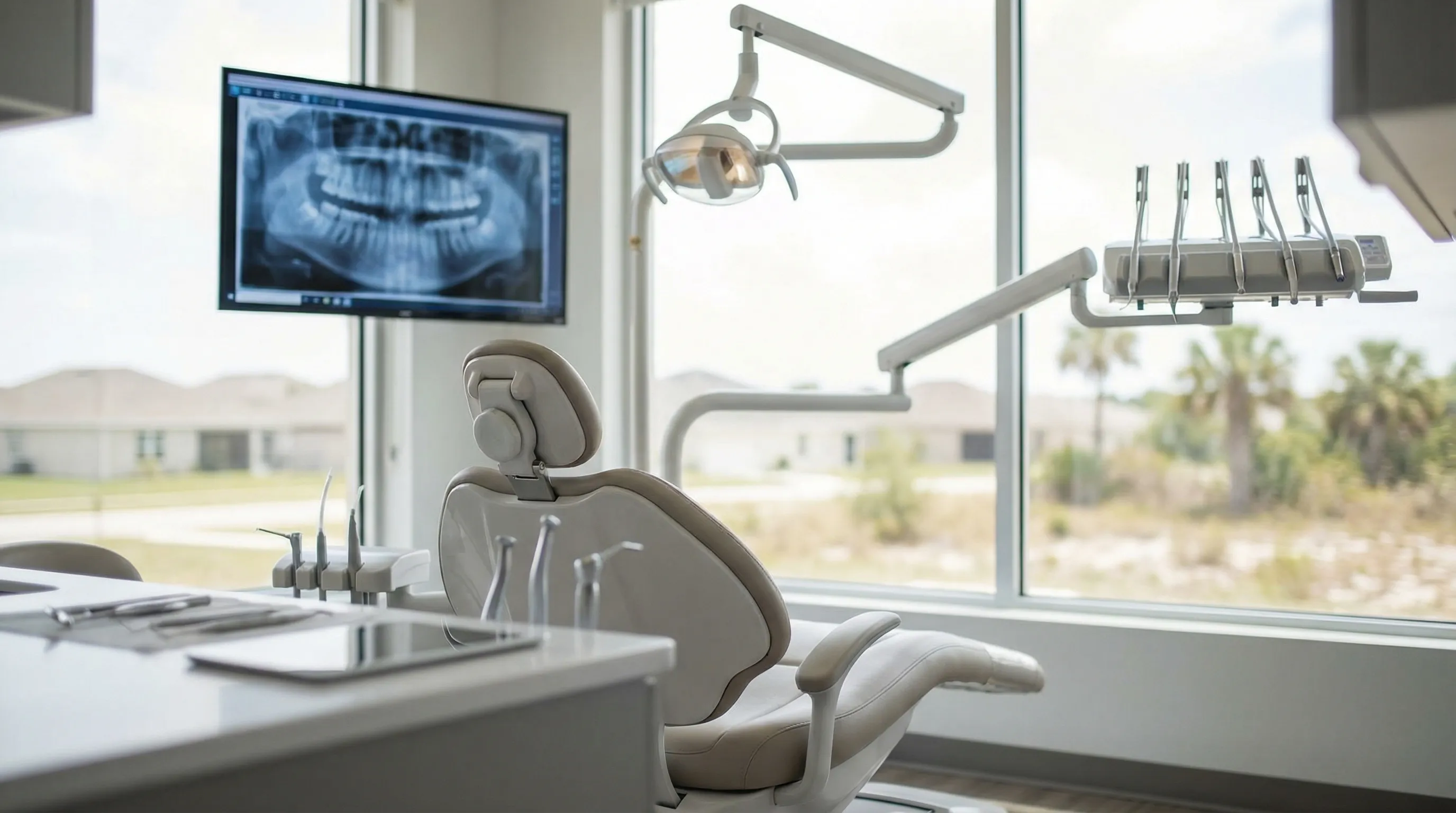 Modern dental consultation room with dentist and patient reviewing treatment options in Palm Bay, FL