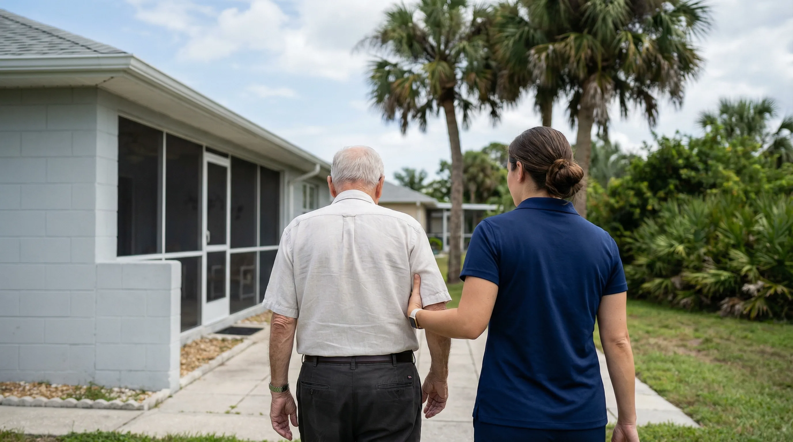 Professional in-home caregiver assisting elderly resident in a Port Malabar-era Palm Bay, FL home