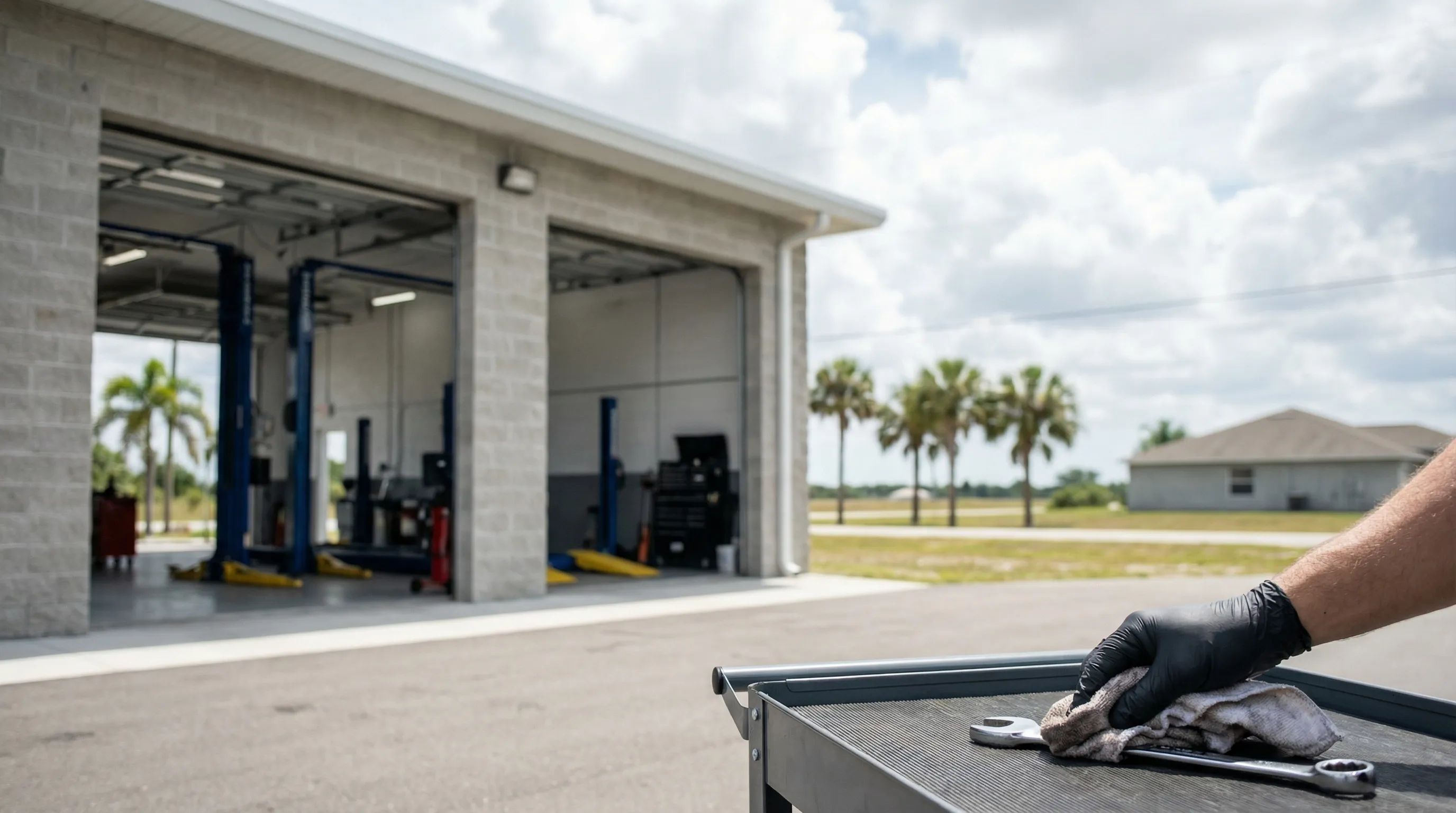 Independent auto repair technician inspecting vehicle AC system in a Palm Bay, FL shop