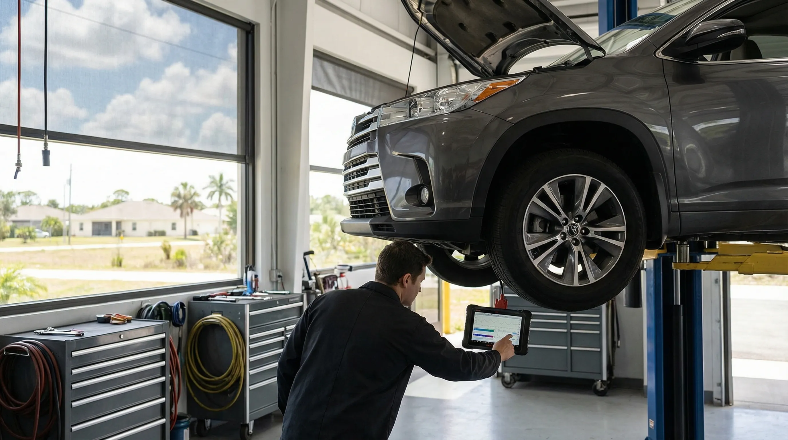 Independent auto repair technician inspecting vehicle AC system in a Palm Bay, FL shop
