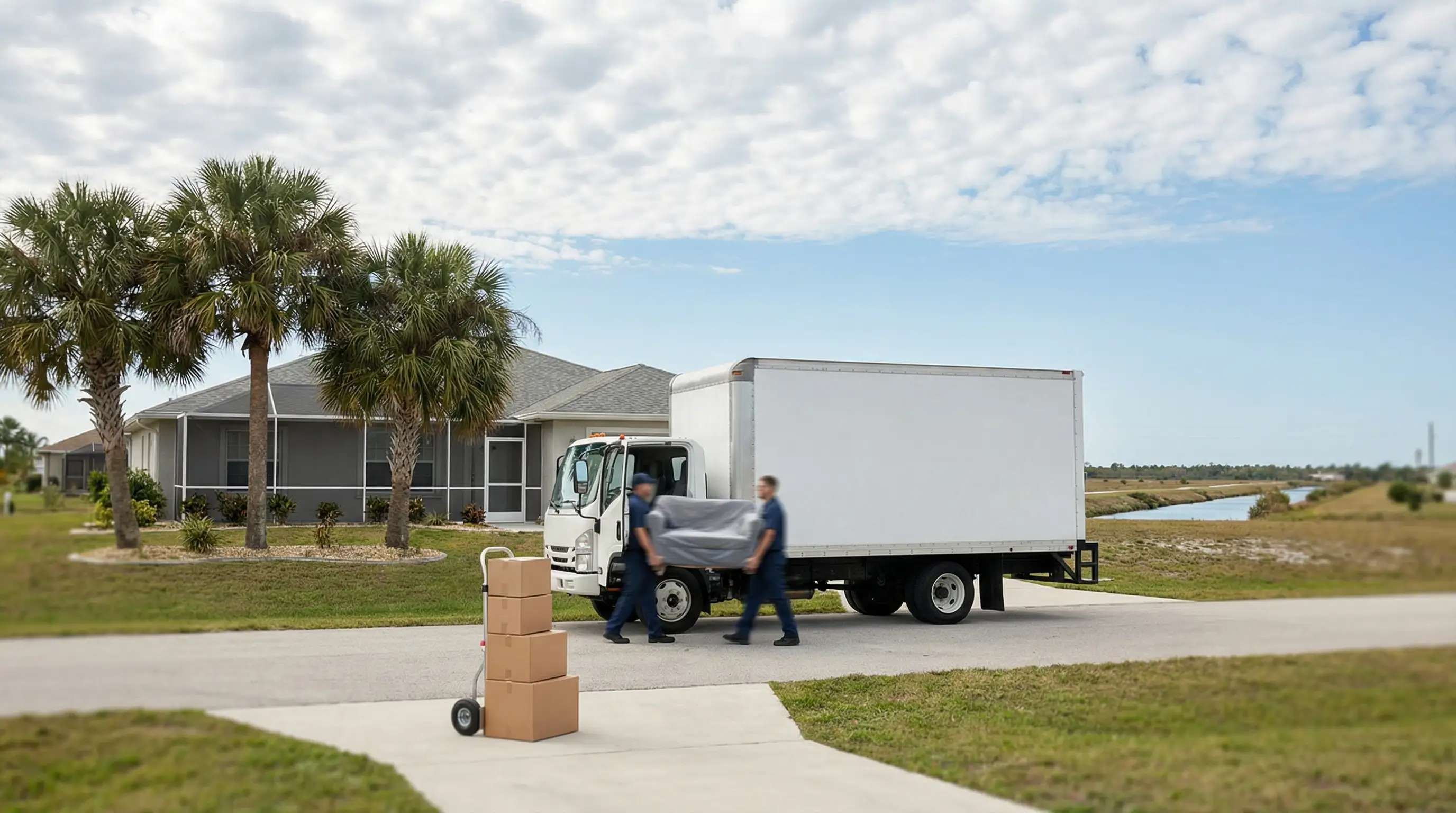 Professional moving crew loading truck in front of a Palm Bay, FL residential home near Patrick Space Force Base corridor
