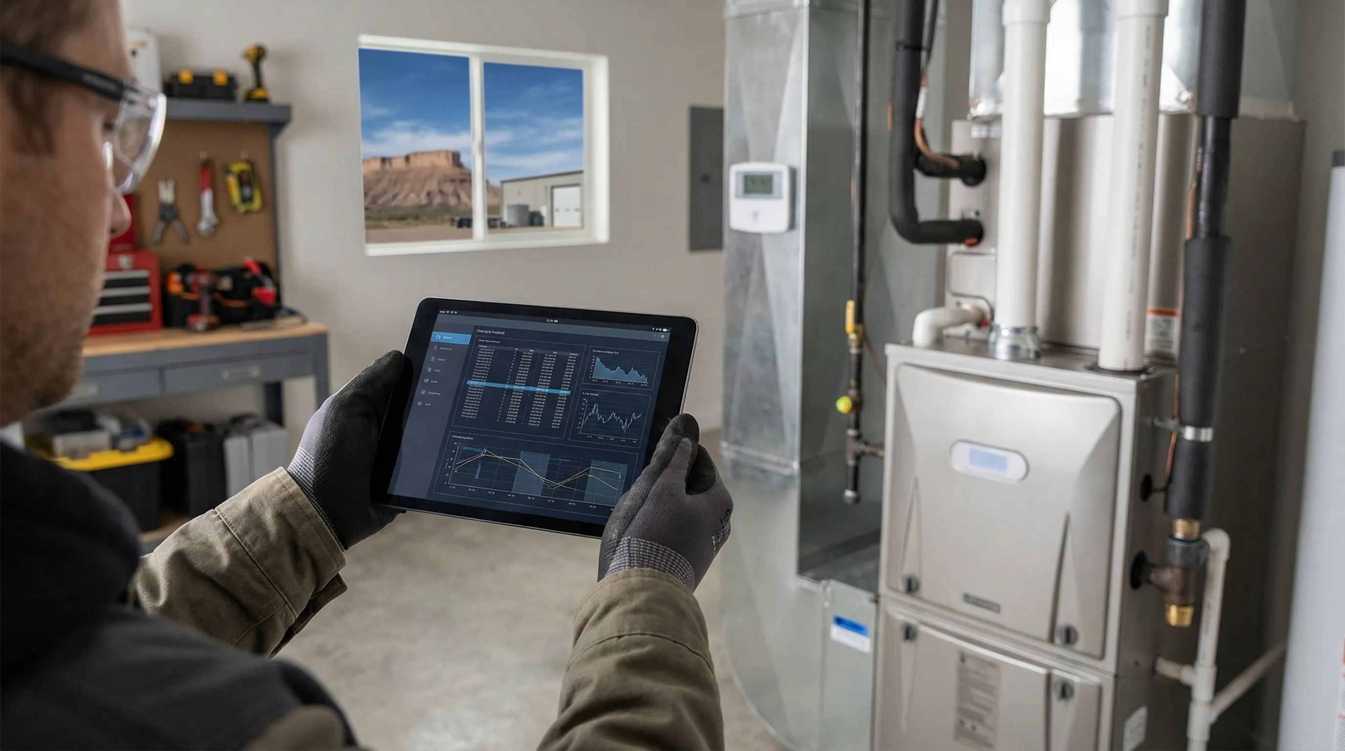 Professional HVAC technician inspecting furnace installation in a Billings, MT home with Rimrock cliffs visible through window