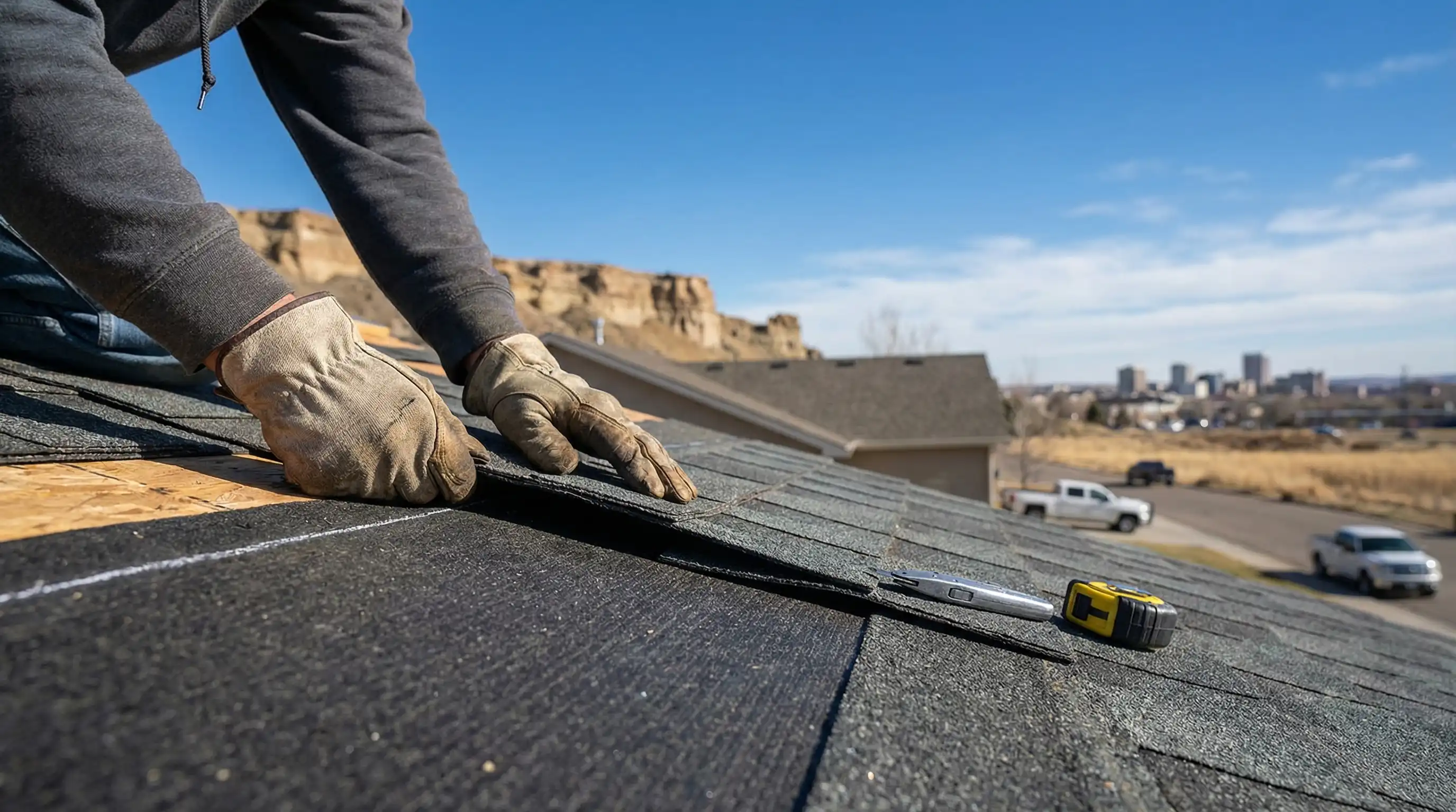 Professional roofer conducting hail damage inspection on a residential roof in Billings, MT with Rimrock cliffs in background