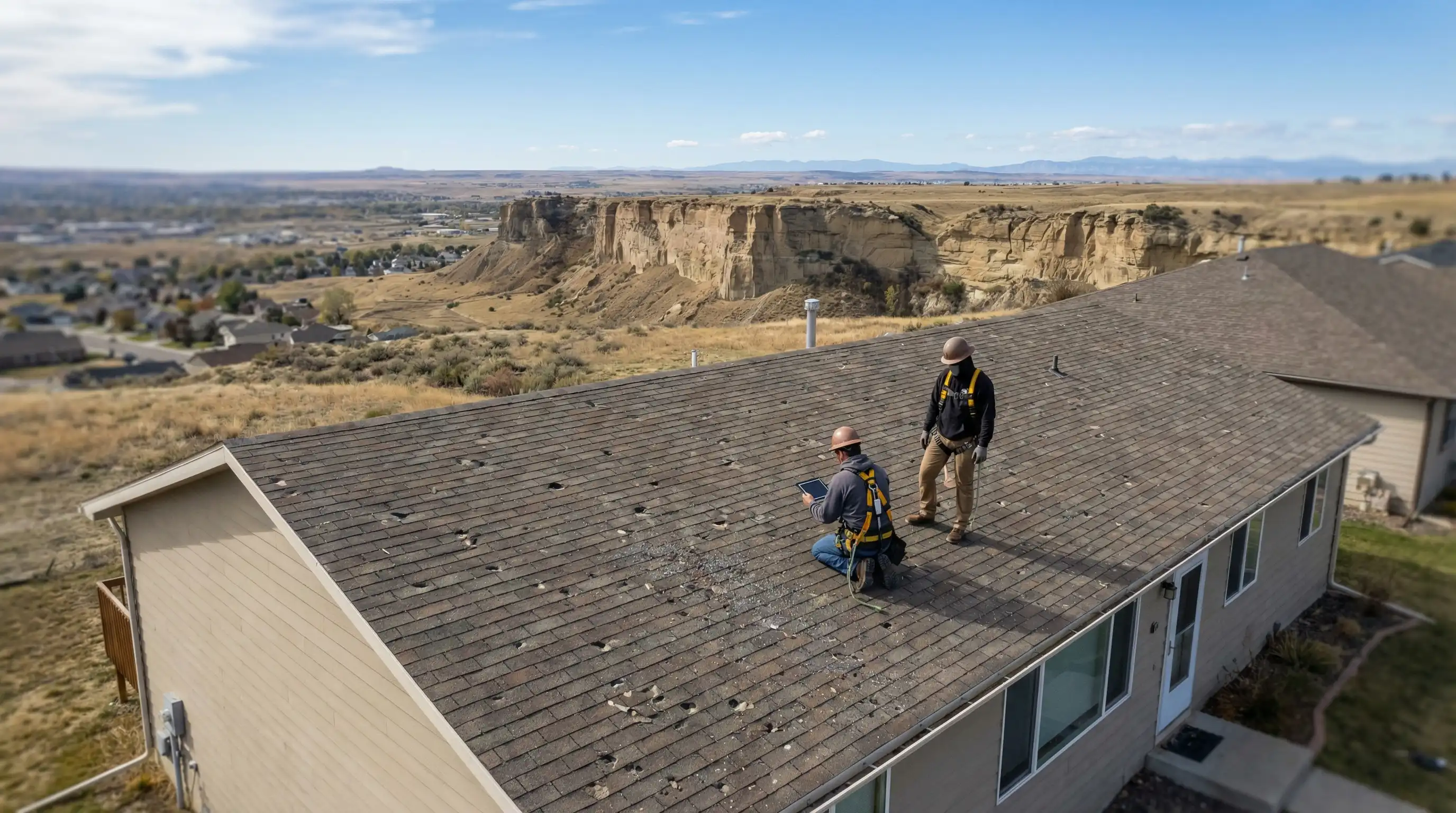 Professional roofer conducting hail damage inspection on a residential roof in Billings, MT with Rimrock cliffs in background