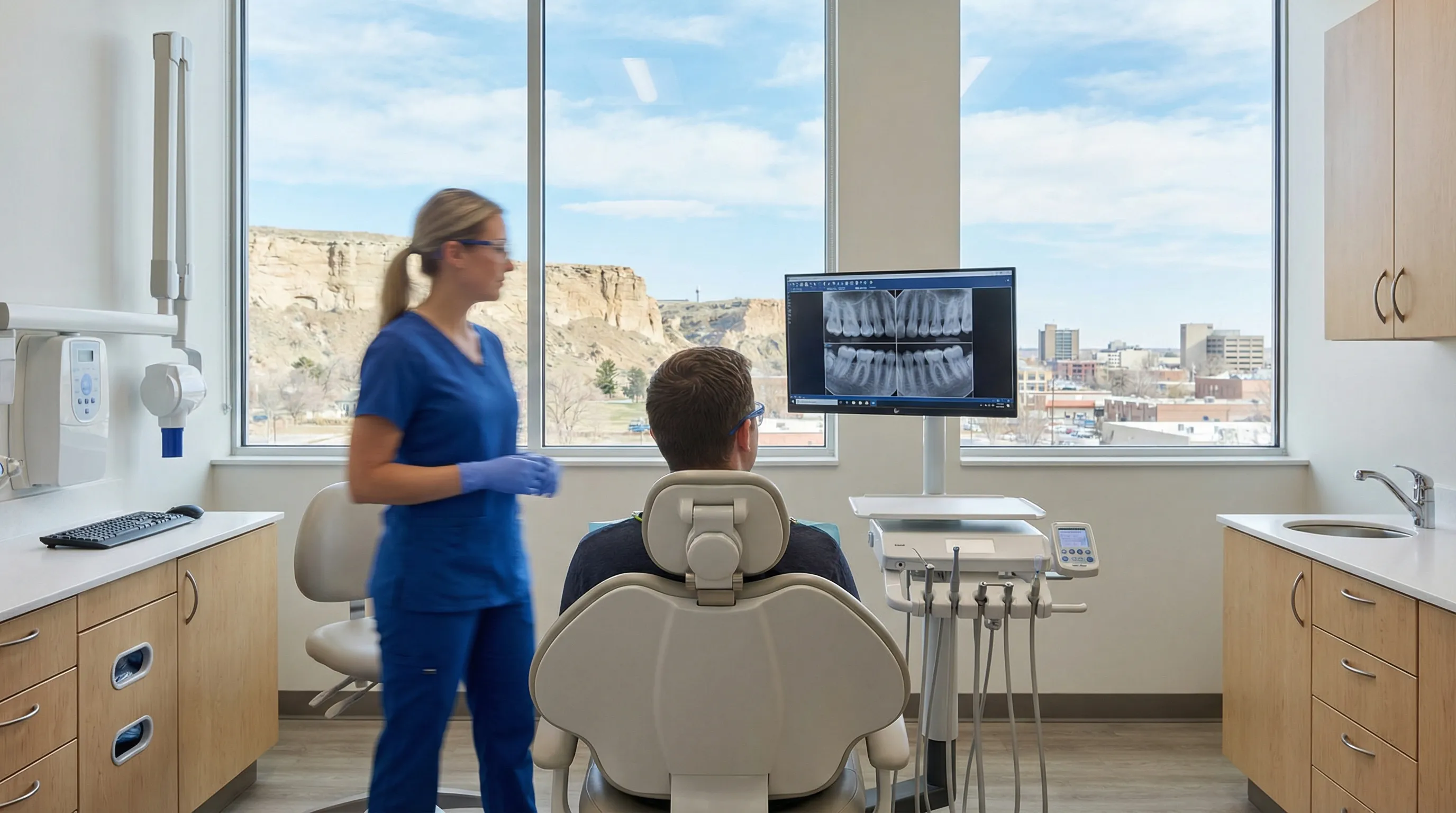Modern dental practice reception area in Billings, MT with welcoming natural light and professional staff greeting new patients